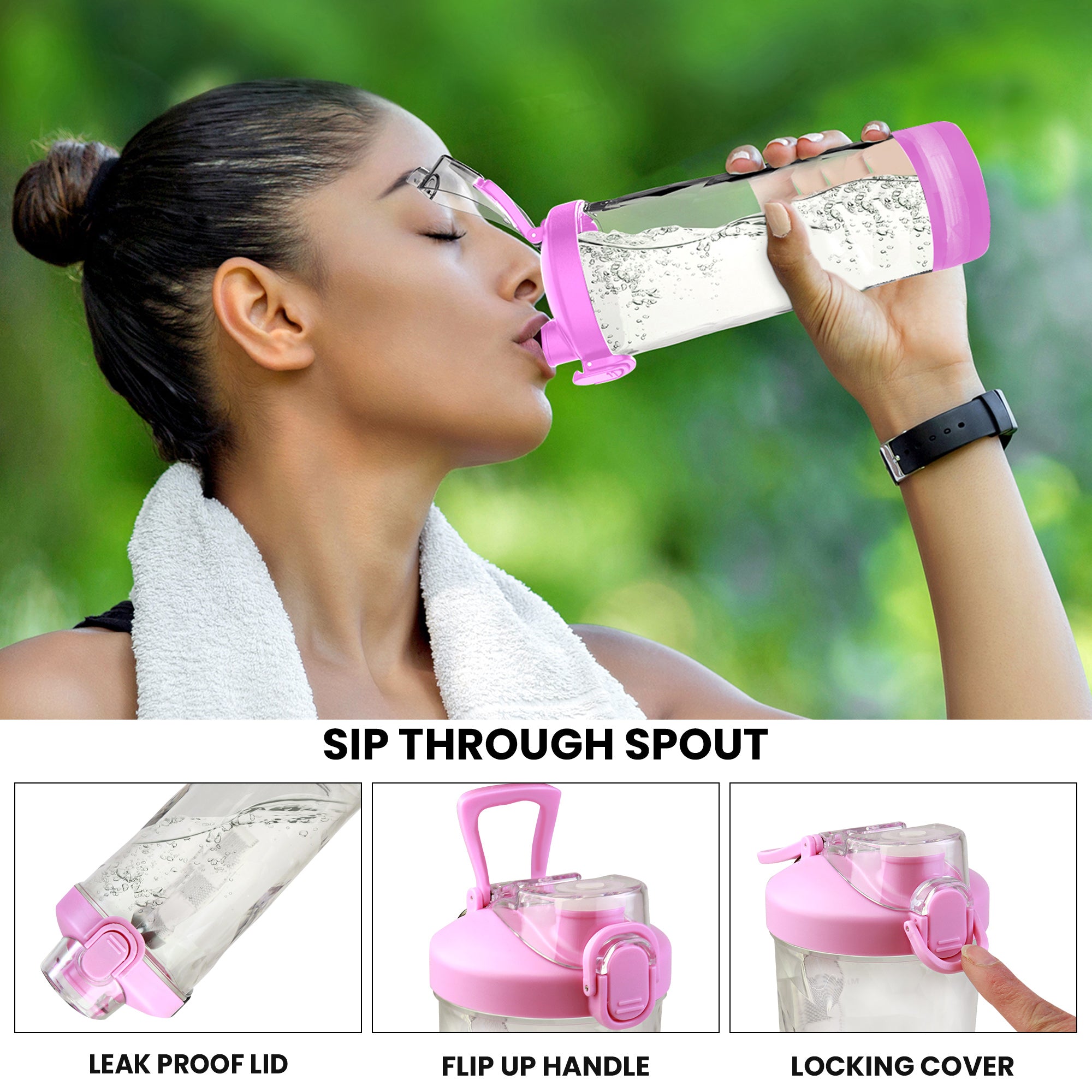 Lifestyle image of a person with light brown skin and dark brown hair pulled back in a bun, wearing a tank top and a white towel around their shoulders, drinking from the travel mug. Text below the image reads, "Sip-through spout," and below that are three closeup images of features, labeled: 1. Leak-proof lid; 2. Flip-up handle; 3. Locking cover.