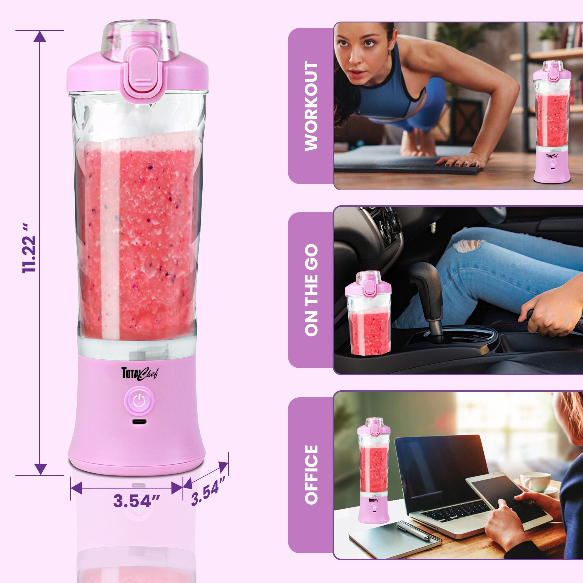 On the left is a product shot of the Total Chef portable blender filled with bright red smoothie on a pale pink background with dimensions labeled. Three inset images on the right show settings where you could use the blender, labeled: Workout; on the go; and office.