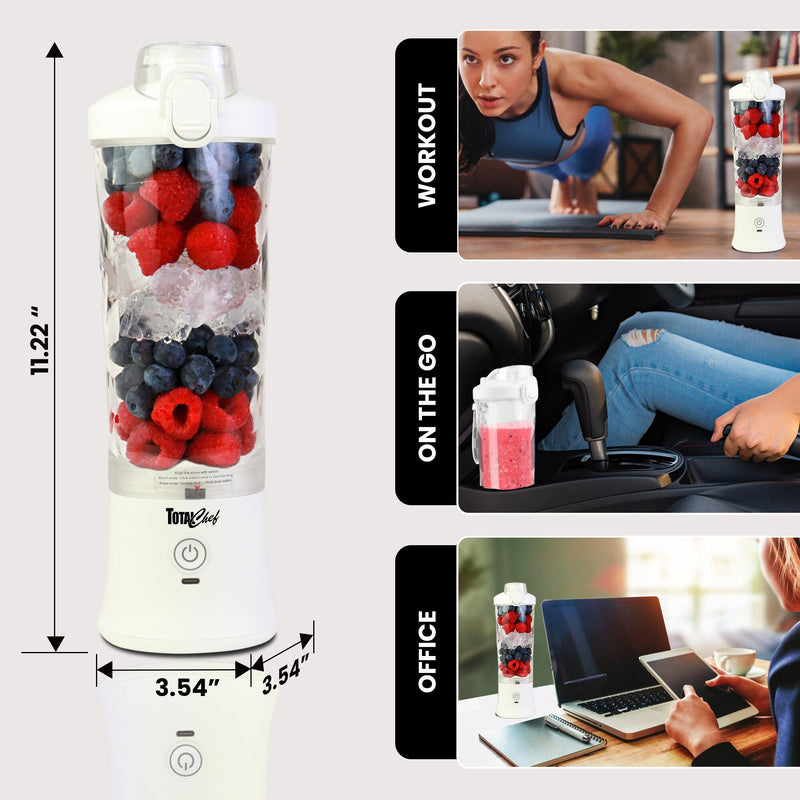 On the left is a product shot of the Total Chef portable blender filled with strawberries, blueberries, and ice cubes on a pale gray background with dimensions labeled. Three inset images on the right show settings where you could use the blender, labeled: Workout; on the go; and office.