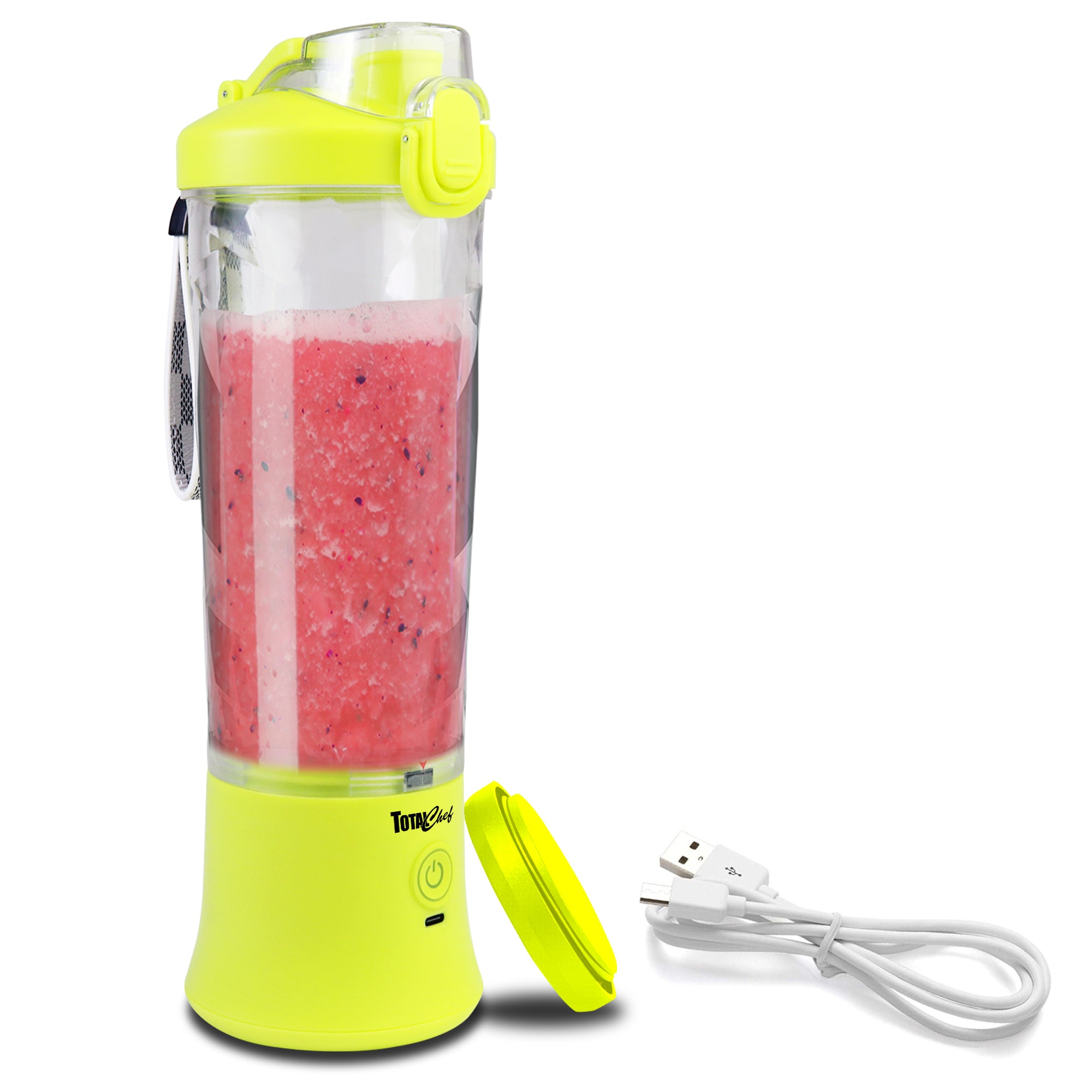 Product shot of Total Chef personal cordless blender filled with bright red smoothie with travel base cover and USB power cord beside it on a white background