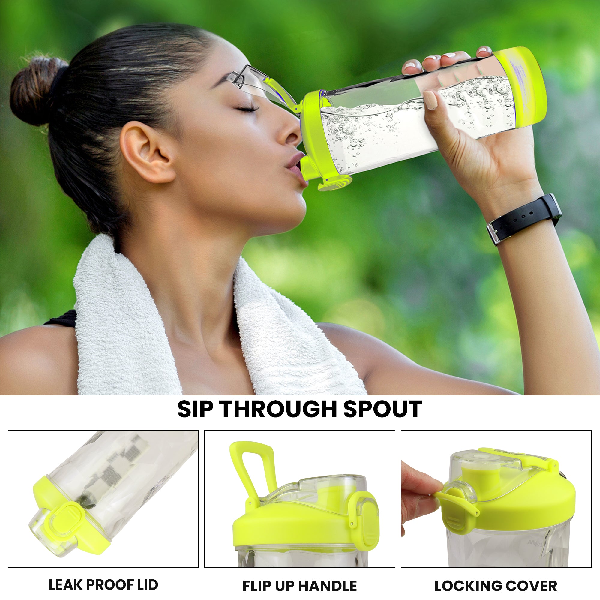 Lifestyle image of a person with light brown skin and dark brown hair pulled back in a bun, wearing a tank top and a white towel around their shoulders, drinking from the travel mug. Text below the image reads, "Sip-through spout," and below that are three closeup images of features, labeled: 1. Leak-proof lid; 2. Flip-up handle; 3. Locking cover.