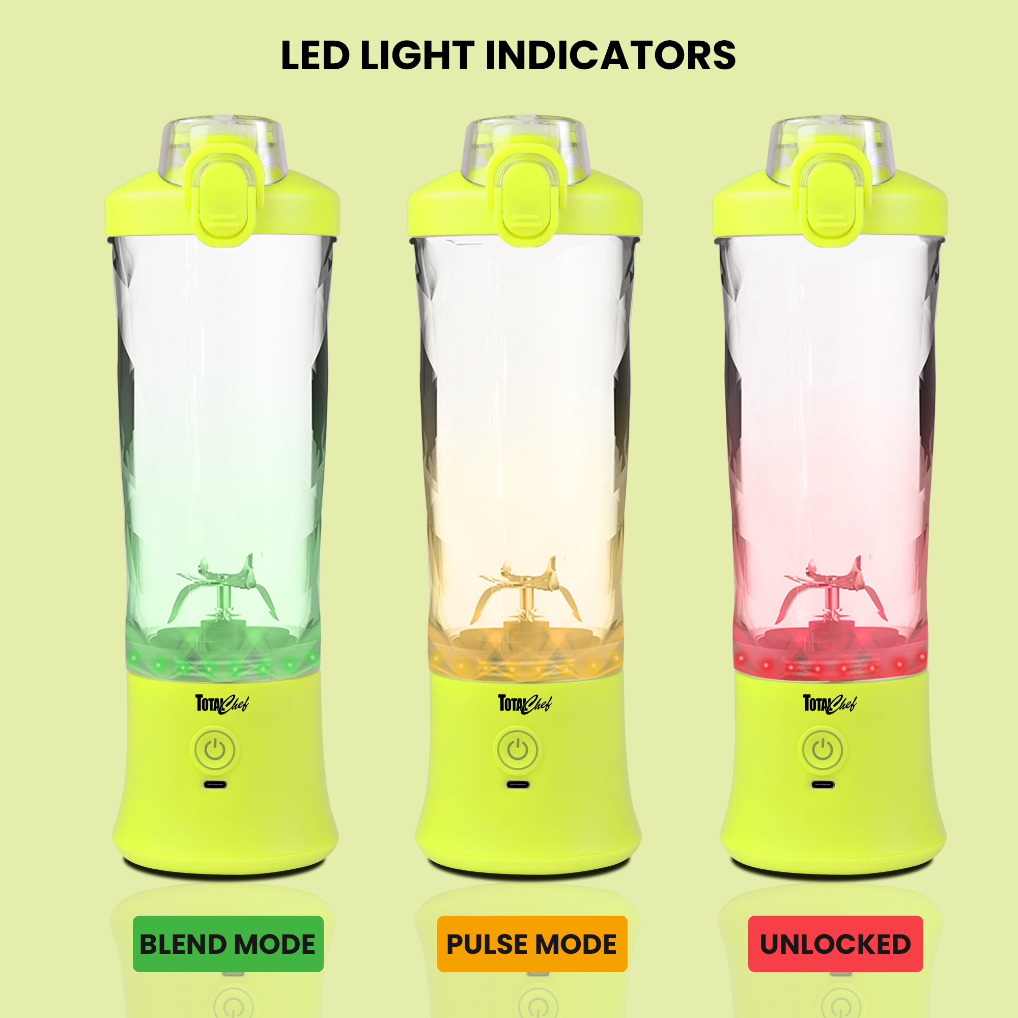 Three product shots of the Total Chef cordless blender show the LED lights glowing green, yellow, and red. Text above reads, "LED light indicators." Text below each blender states what mode the color represents: Green is blend mode, yellow is pulse mode, and red is unlocked.