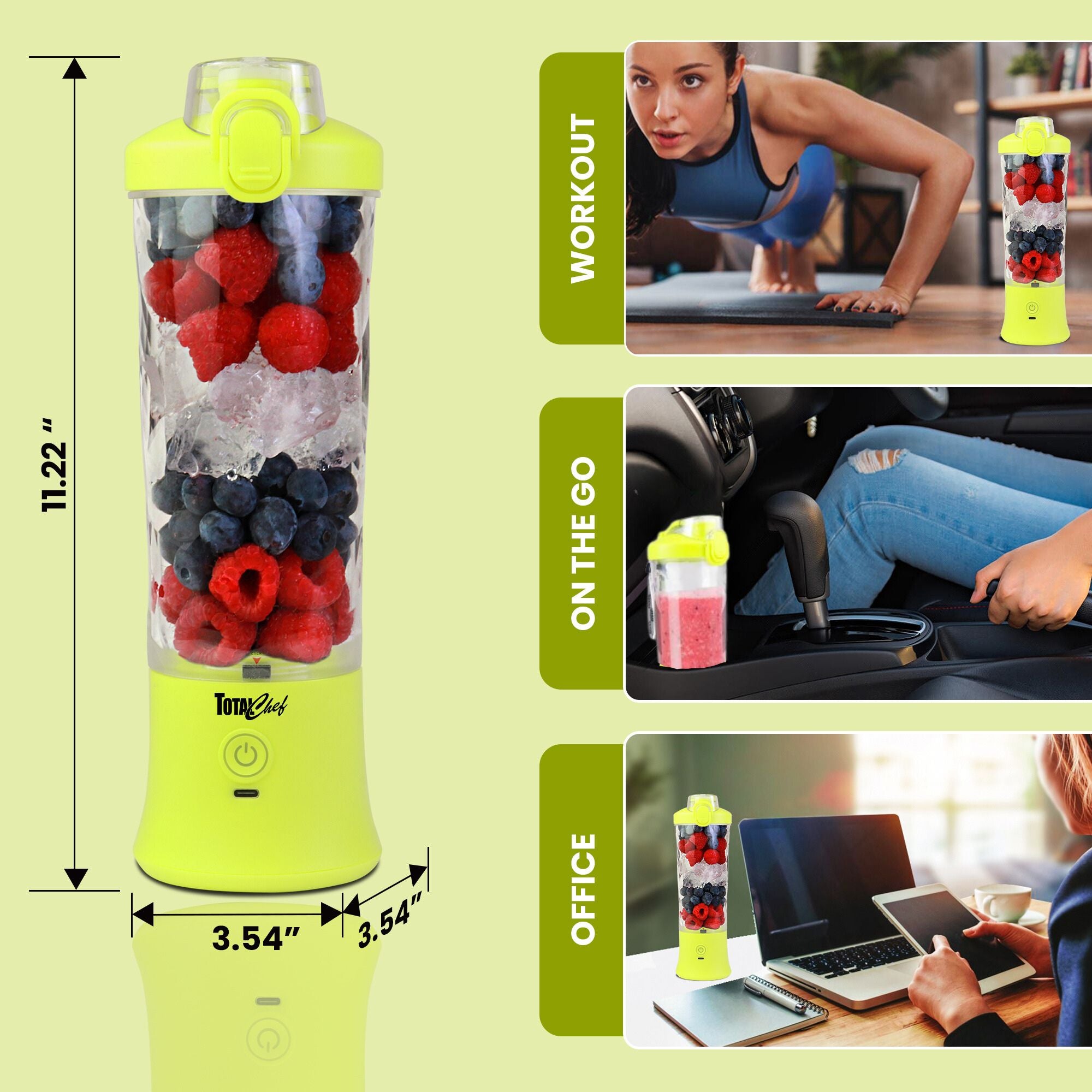 On the left is a product shot of the Total Chef portable blender filled with strawberries, blueberries, and ice cubes on pale green background with dimensions labeled. Three inset images on the right show settings where you could use the blender, labeled: Workout; on the go; and office.
