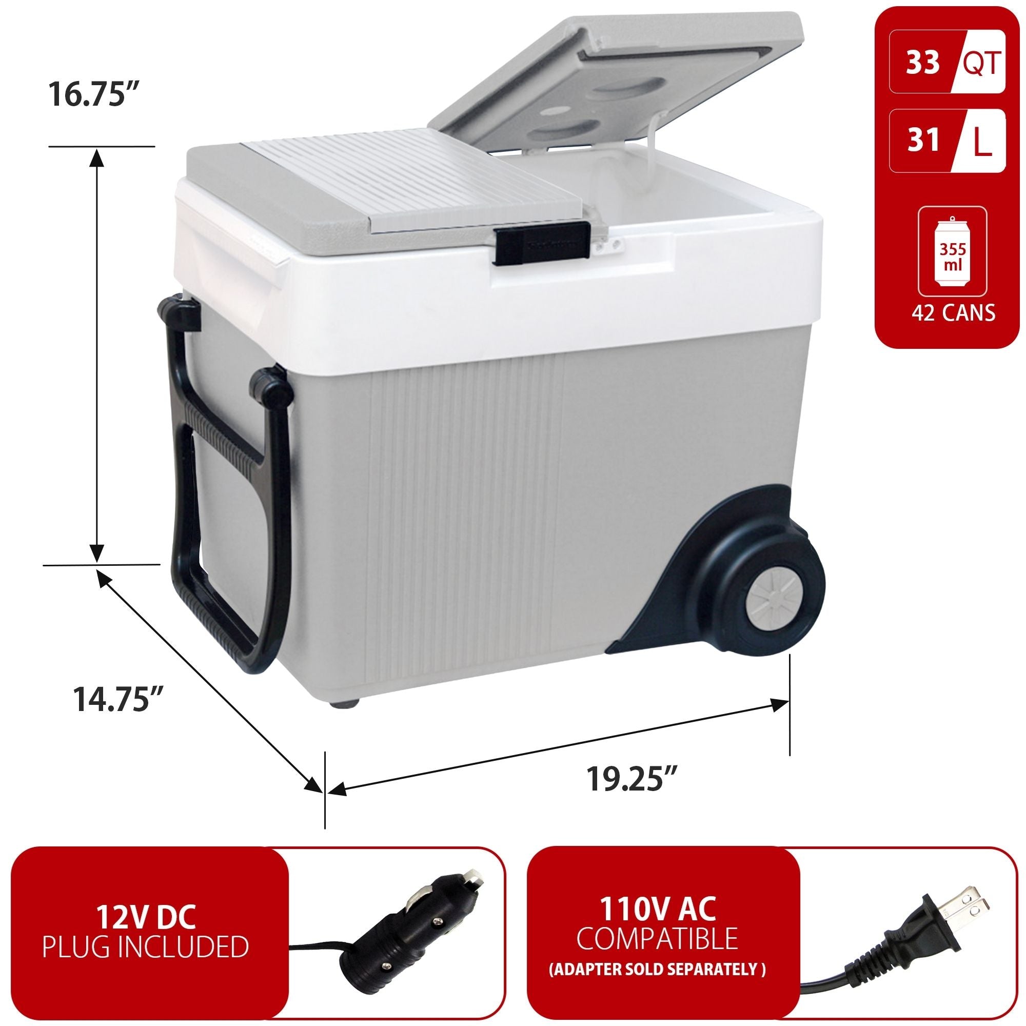 Koolatron 12V wheeled travel fridge/warmer, closed on a white background with dimensions and capacity labeled. Two inset images below show power adapters with text reading "12V DC plug included; AC compatible (adapter sold separately)"