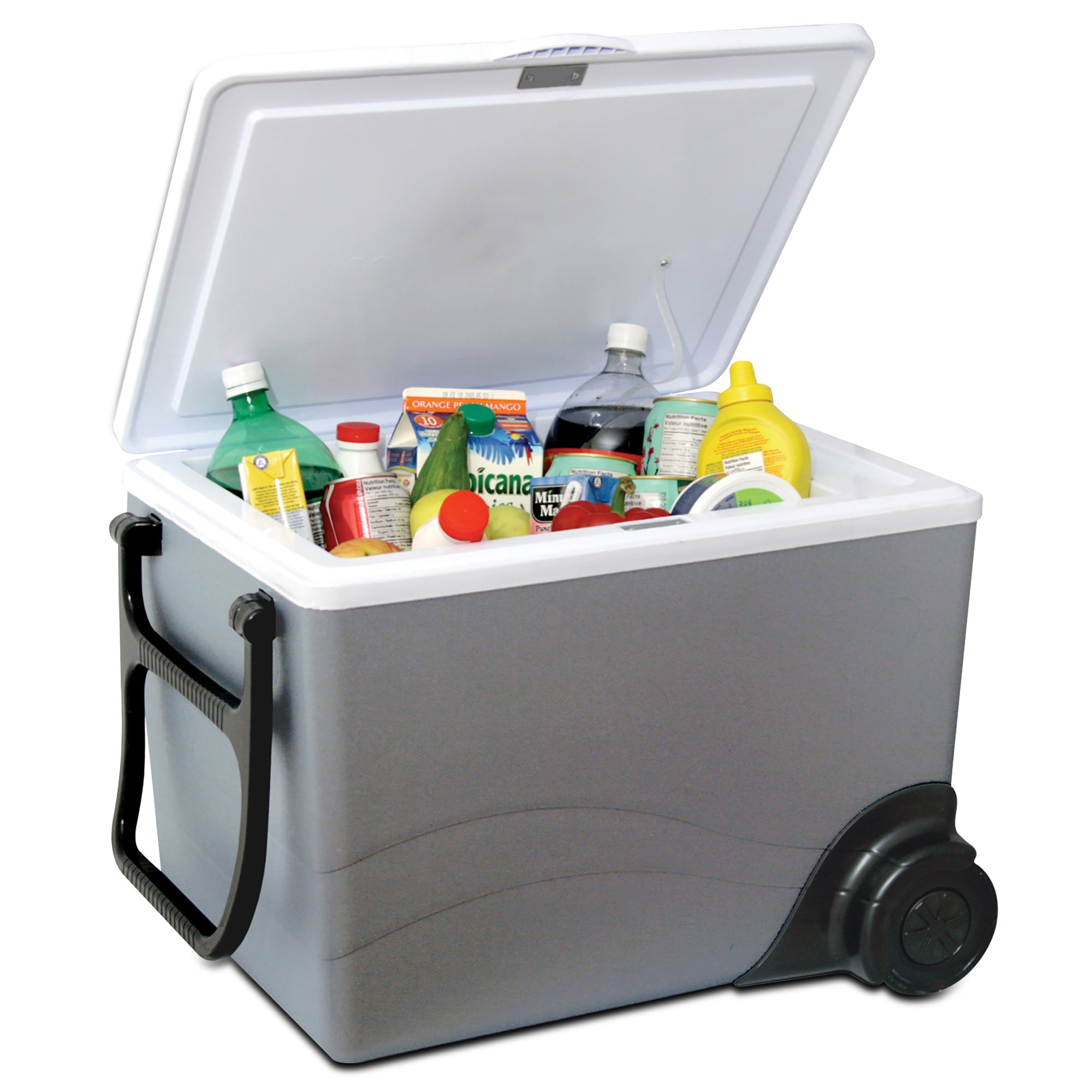 Koolatron wheeled 12V travel cooler/warmer, open with food inside, on a white background
