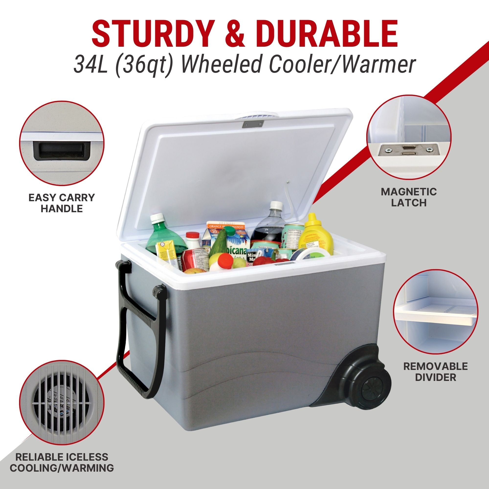 Koolatron 12V cooler/warmer open with food inside surrounded by closeup images of features, labeled: Reliable iceless cooling/warming; easy carry handle; magnetic latch; removable divider. Text above reads, "STURDY AND DURABLE 34L (36 qt) wheeled cooler/warmer"