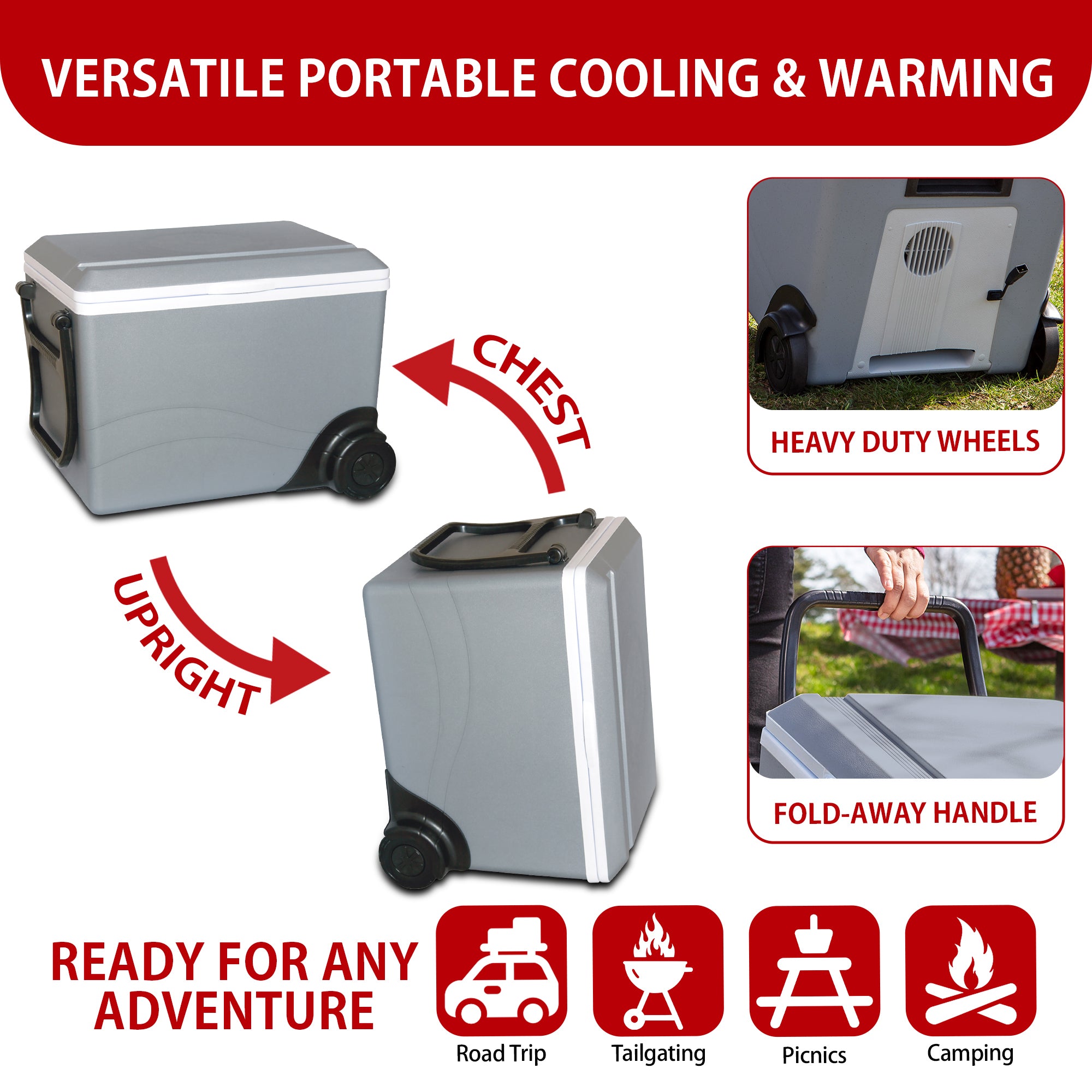 Two images show the Koolatron 12V cooler/warmer as an ice chest and on its side as a mini-fridge with arrows labeled, "CHEST" and "UPRIGHT." Two inset images on the right show closeups of features, captioned, "Heavy duty wheels," and "Fold-away handle." Text above reads, "VERSATILE ICELESS COOLING & WARMING." Text below reads, "READY FOR ANY ADVENTURE" followed by icons labeled: Road trip, tailgating, picnics, and camping.