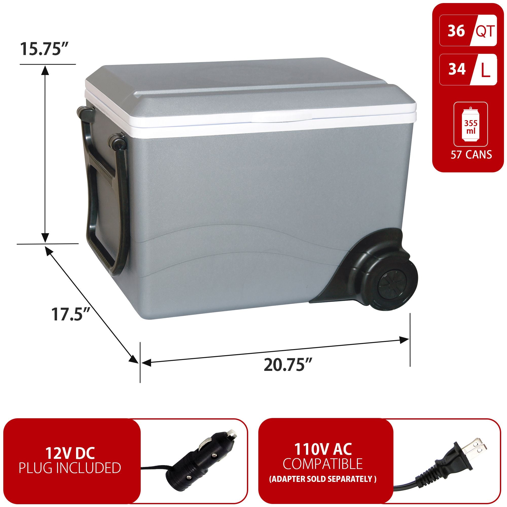 Koolatron 12V wheeled travel fridge/warmer, closed on a white background with dimensions and capacity labeled. Two inset images below show power adapters with text reading "12V DC plug included; AC compatible (adapter sold separately)"