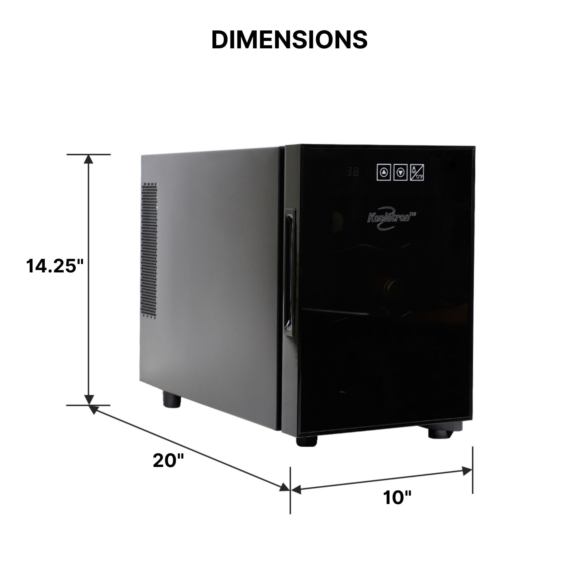 Koolatron 6 bottle thermoelectric wine fridge on a white background with dimensions labeled