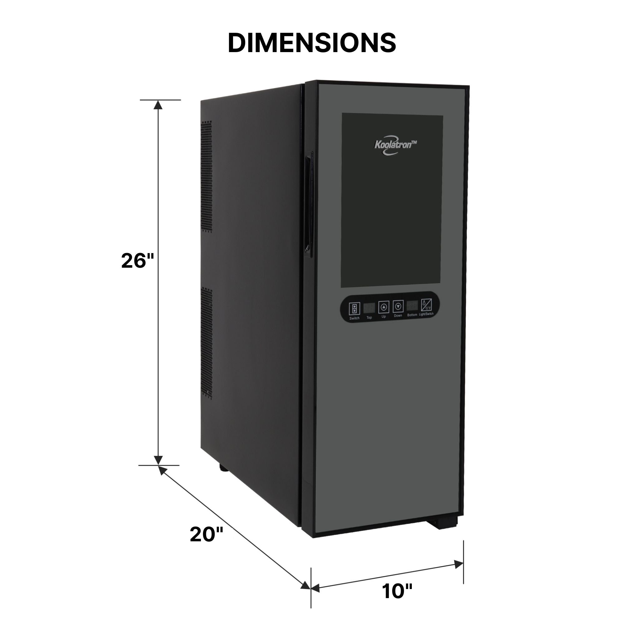 Koolatron 12 bottle dual zone thermoelectric wine fridge on a white background with dimensions labeled