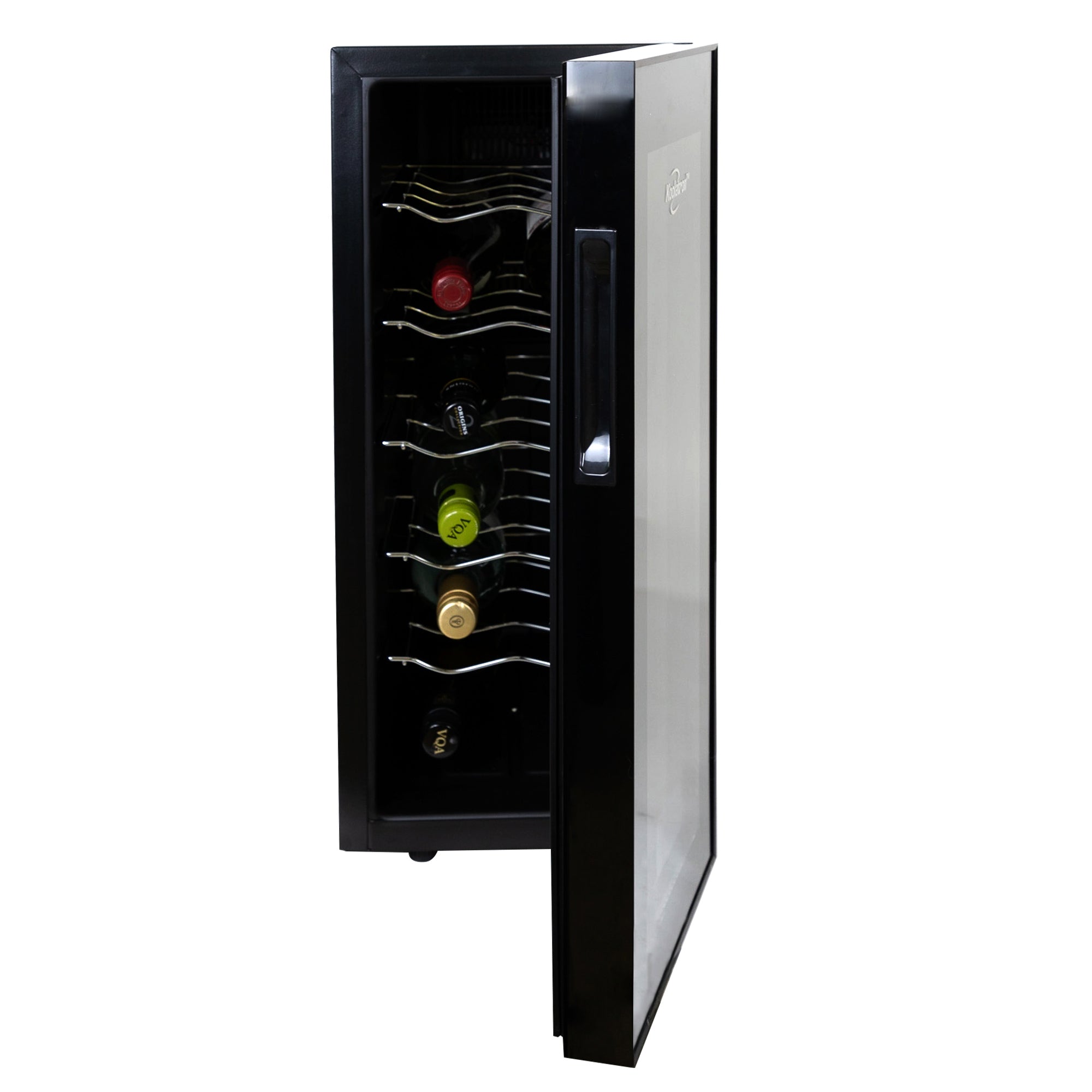 Koolatron 12 bottle wine cooler, open with bottles of wine inside, on a white background