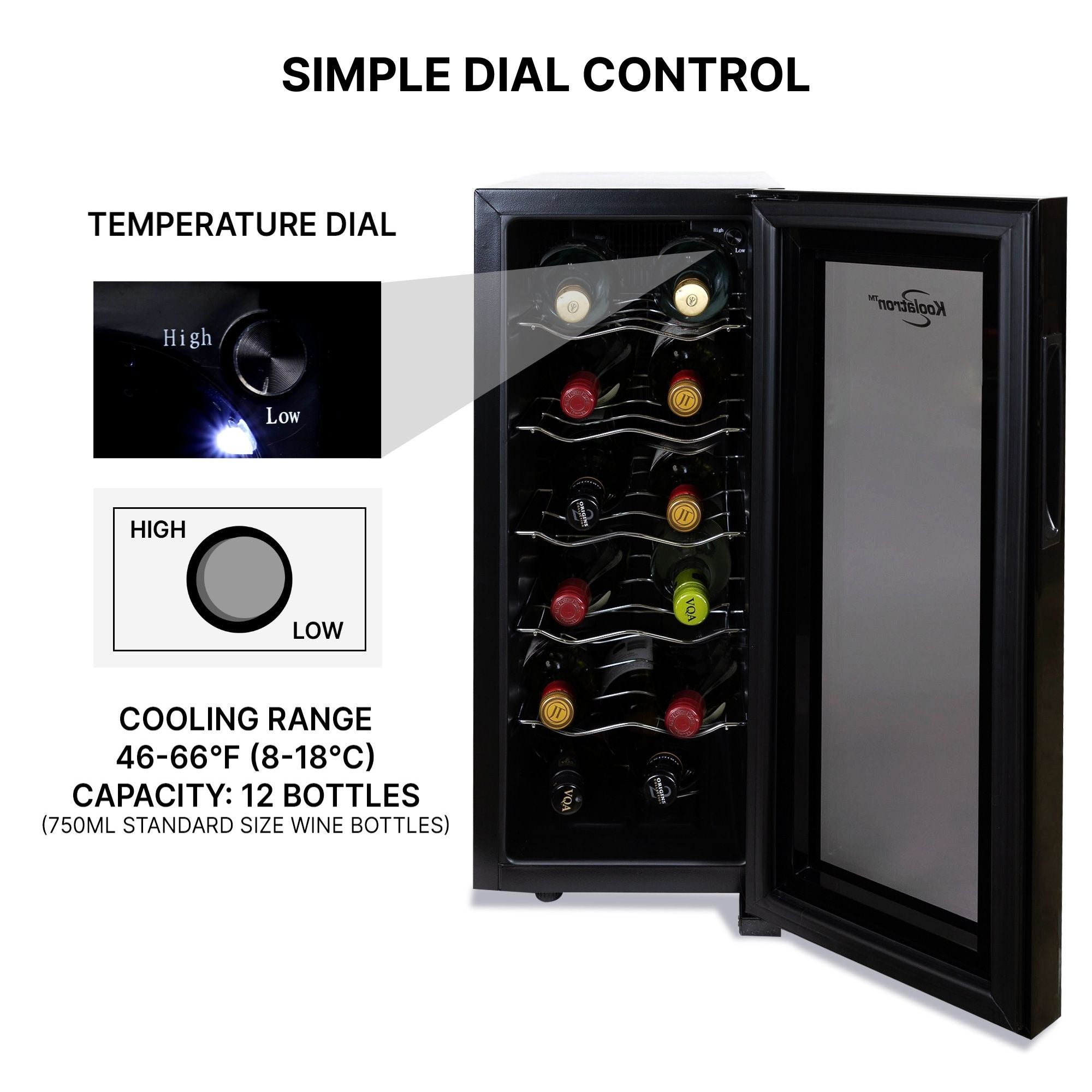 Koolatron 12 bottle wine chiller, open and filled with bottles of wine, on a white background with an inset closeup, labeled, of the temperature control knob to the left. Text above reads "Simple dial control" and text below the inset image lists temperature range and capacity