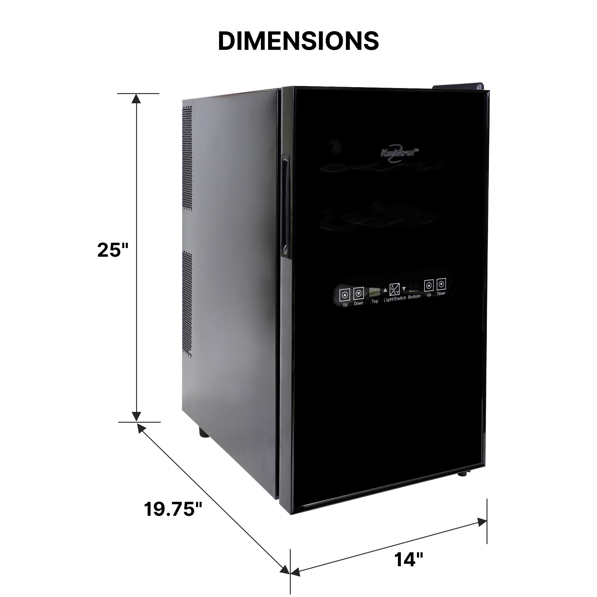  Koolatron 18 bottle dual zone thermoelectric wine fridge on a white background with dimensions labeled