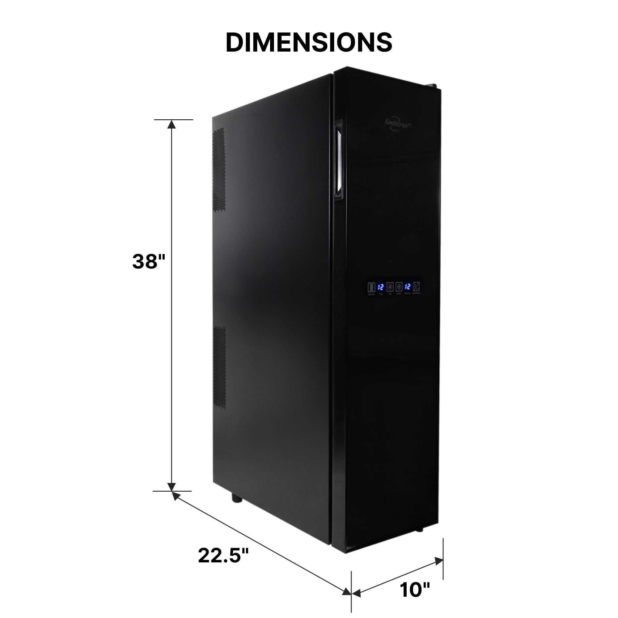 Koolatron 18 bottle dual zone thermoelectric wine fridge on a white background with dimensions labeled