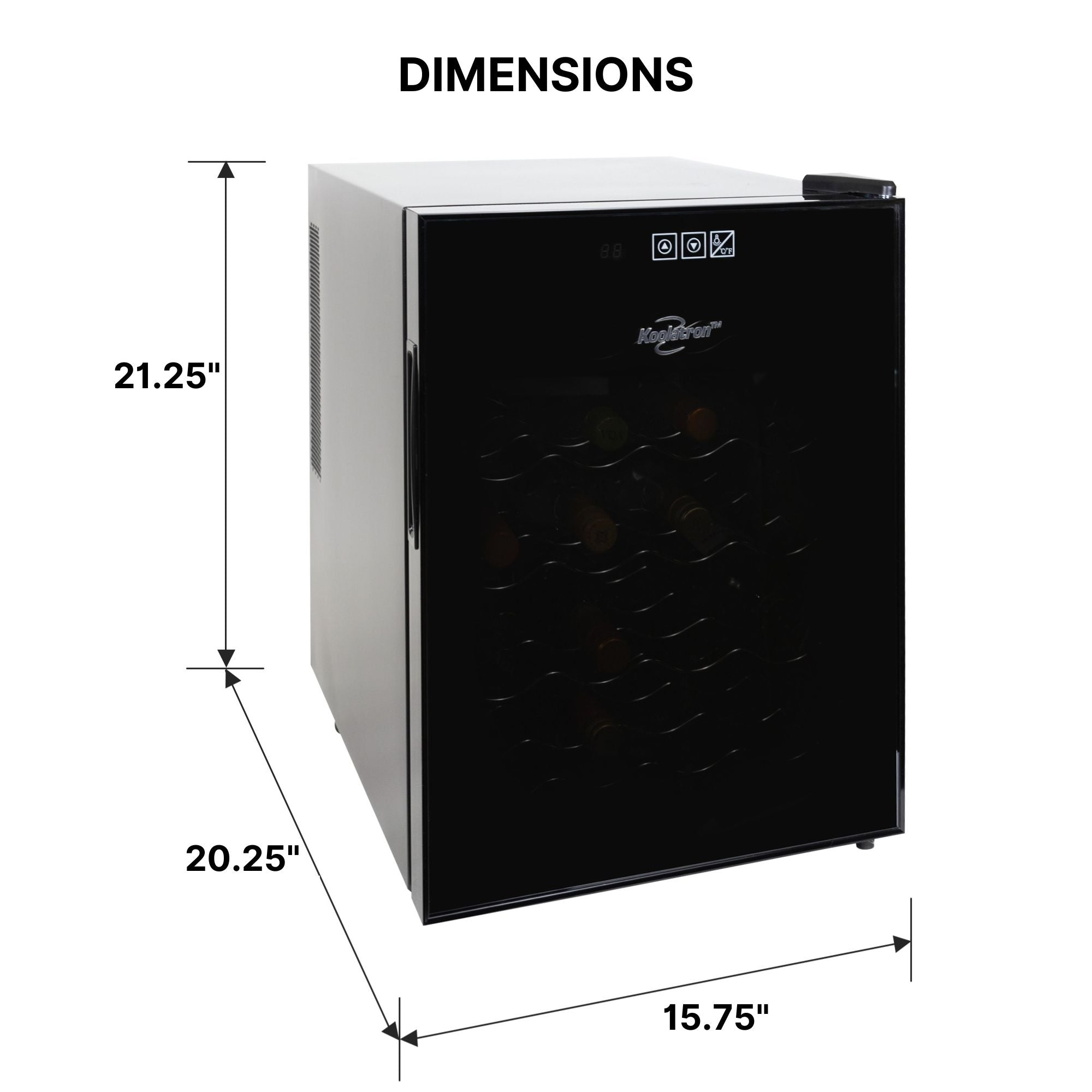 Koolatron 20 bottle thermoelectric wine fridge on a white background with dimensions labeled
