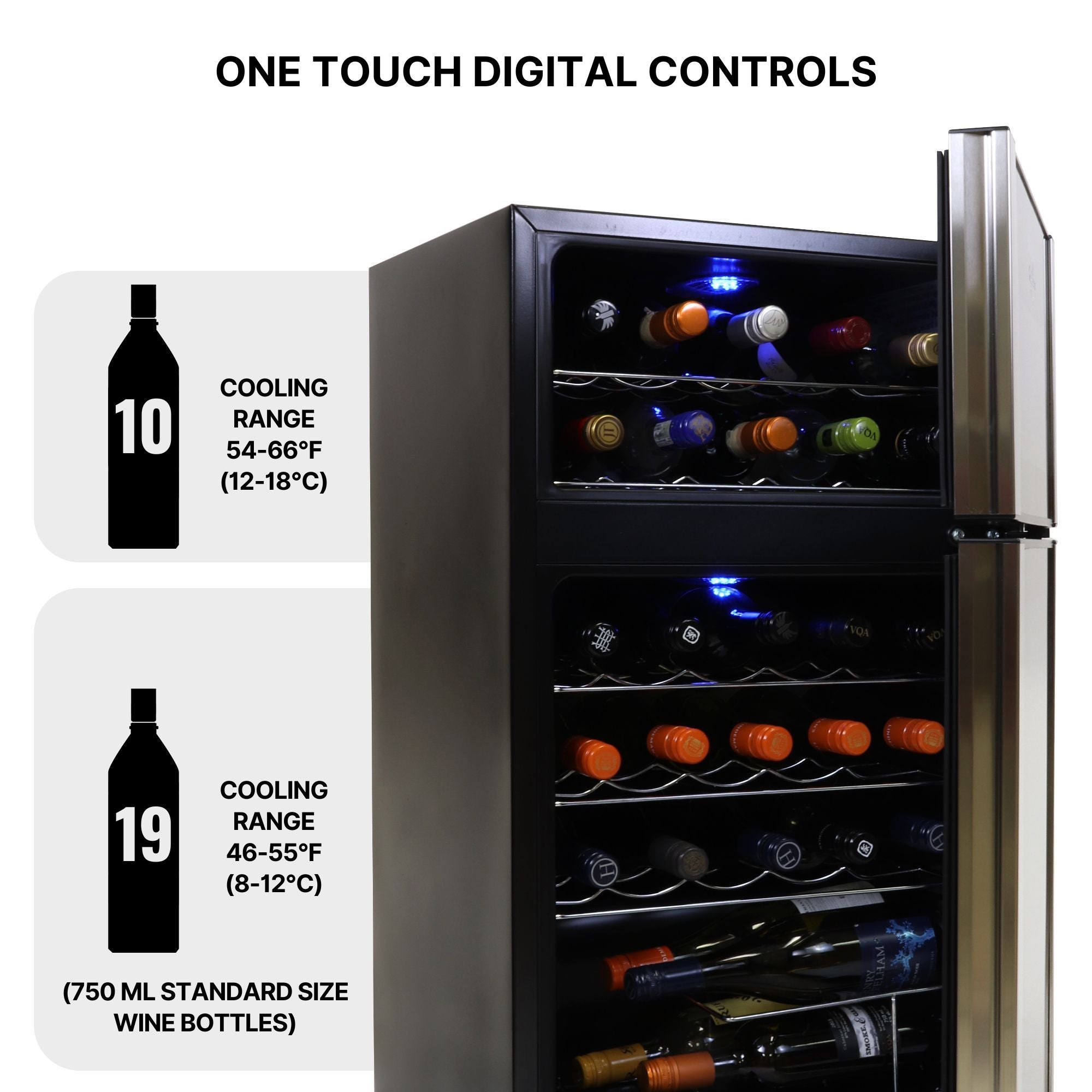 Closeup of Koolatron 29 bottle dual zone freestanding wine fridge with both doors open filled with bottles of wine. Text above reads, "One touch digital control," and text and icons to the left list temperature range and capacity for each chamber