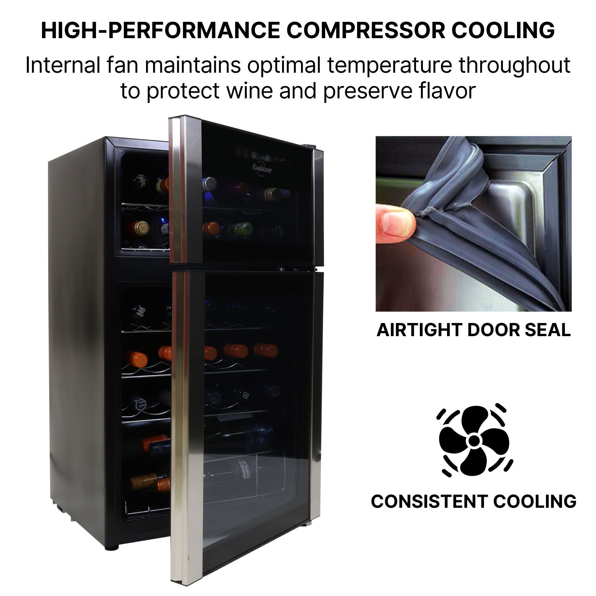 Koolatron 29 bottle dual zone freestanding wine fridge, partly open. To the right is an inset closeup of a person's finger bending the rubber door gasket, captioned, "Airtight door seal," and a fan icon captioned, "consistent cooling." Text above reads, "High-performance compressor cooling: Internal fan maintains optimal temperature throughout both chambers to protect wine and preserve flavor"