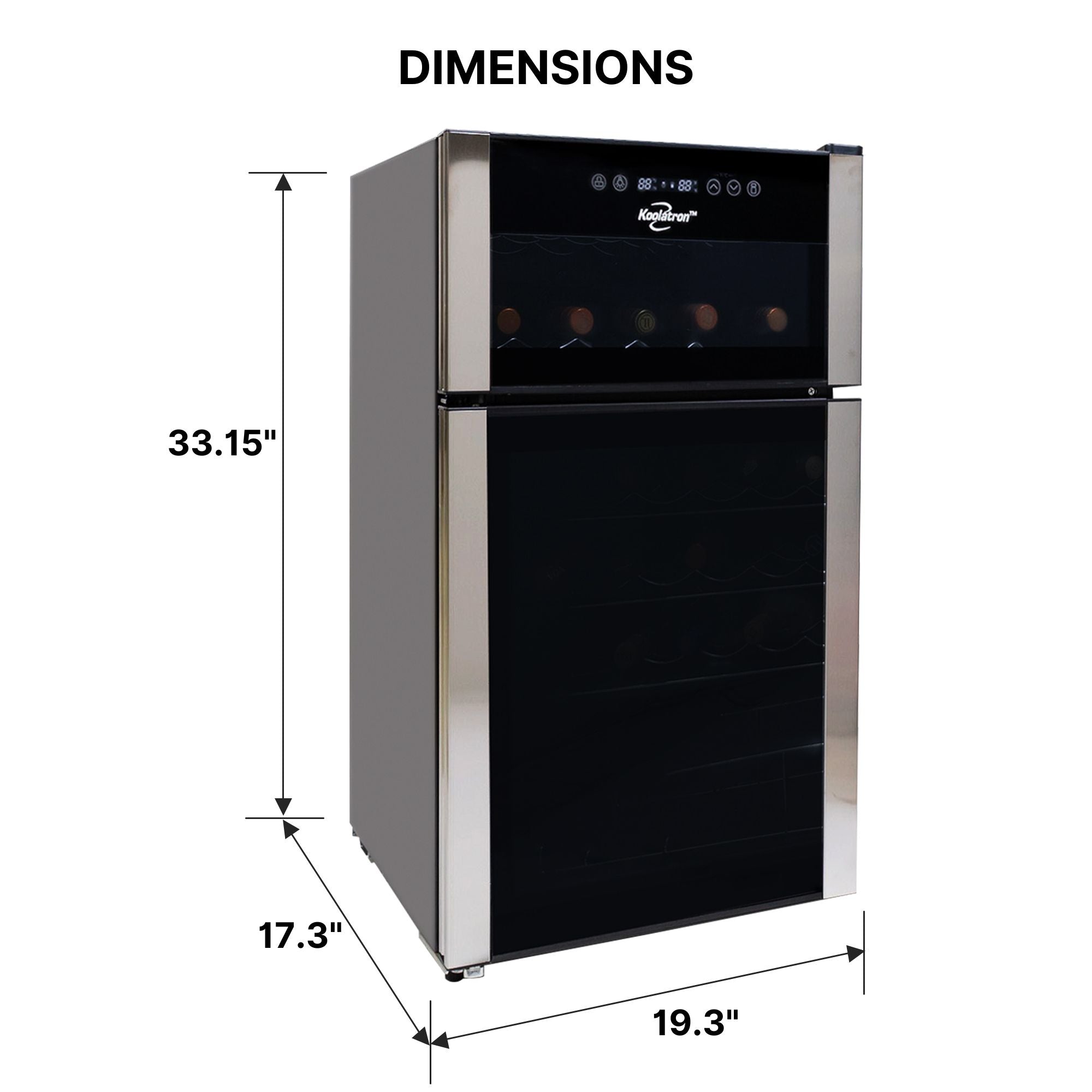 Koolatron 29 bottle dual zone thermoelectric wine fridge on a white background with dimensions labeled