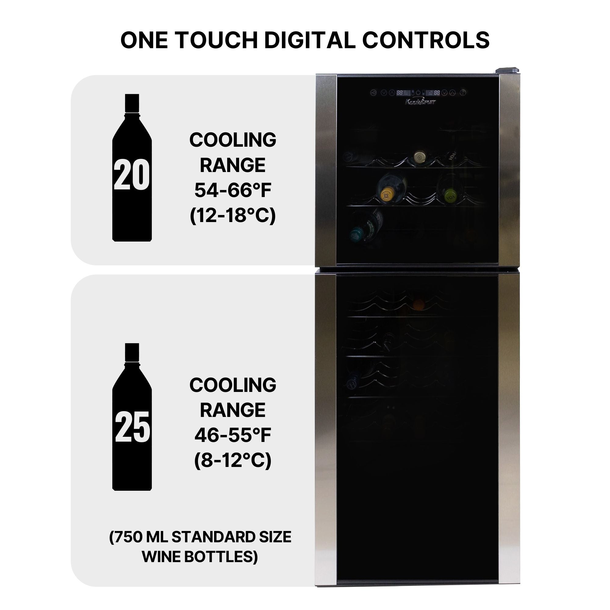 Closeup of Koolatron 45 bottle dual zone freestanding wine fridge with both doors open filled with bottles of wine. Text above reads, "One touch digital control," and text and icons to the left list temperature range and capacity for each chamber