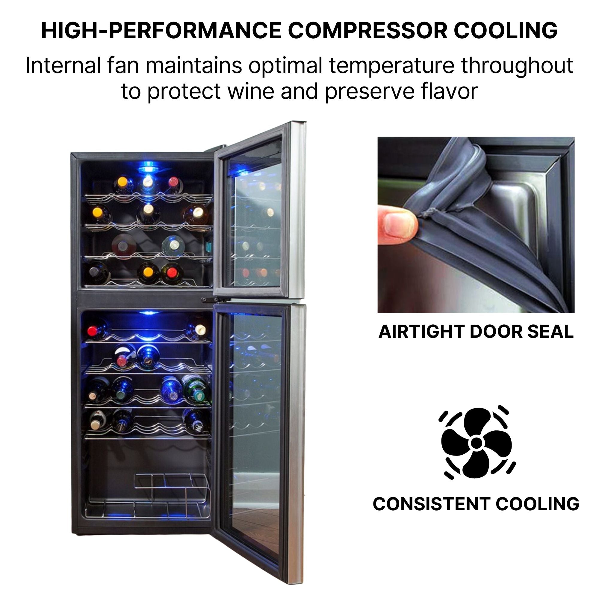 Koolatron 45 bottle dual zone freestanding wine fridge, partly open. To the right is an inset closeup of a person's finger bending the rubber door gasket, captioned, "Airtight door seal," and a fan icon captioned, "consistent cooling." Text above reads, "High-performance compressor cooling: Internal fan maintains optimal temperature throughout both chambers to protect wine and preserve flavor"