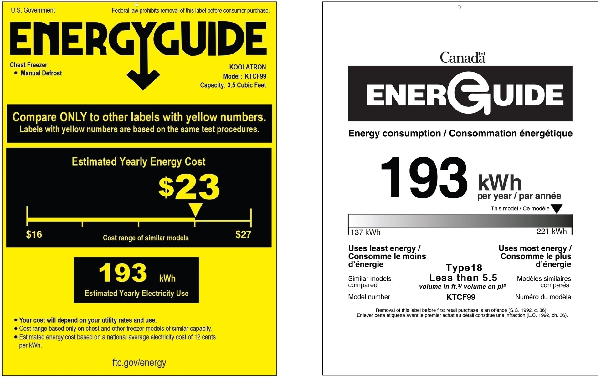 US and Canada Energy Guide certificates for KTCF99 3.5 cu ft chest freezer showing estimated yearly energy cost of $23 and estimated yearly energy consumption of 193 kWh