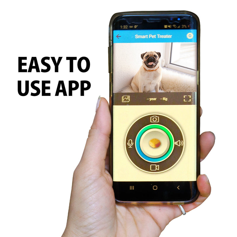 PT01 Lentek Smart Pet Treat Tosser with HD Video, 2-Way Audio - Hand holding smartphone with app displayed and text to the left reading Easy to use app