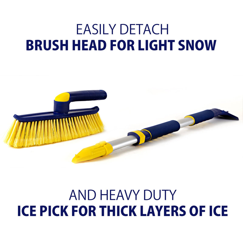 Product shot on white background of snow brush multi-tool with brush head and long-handled ice pick separated. Text above and below reads, "Easily detach brush head for light snow and heavy duty ice pick for thick layers of ice"