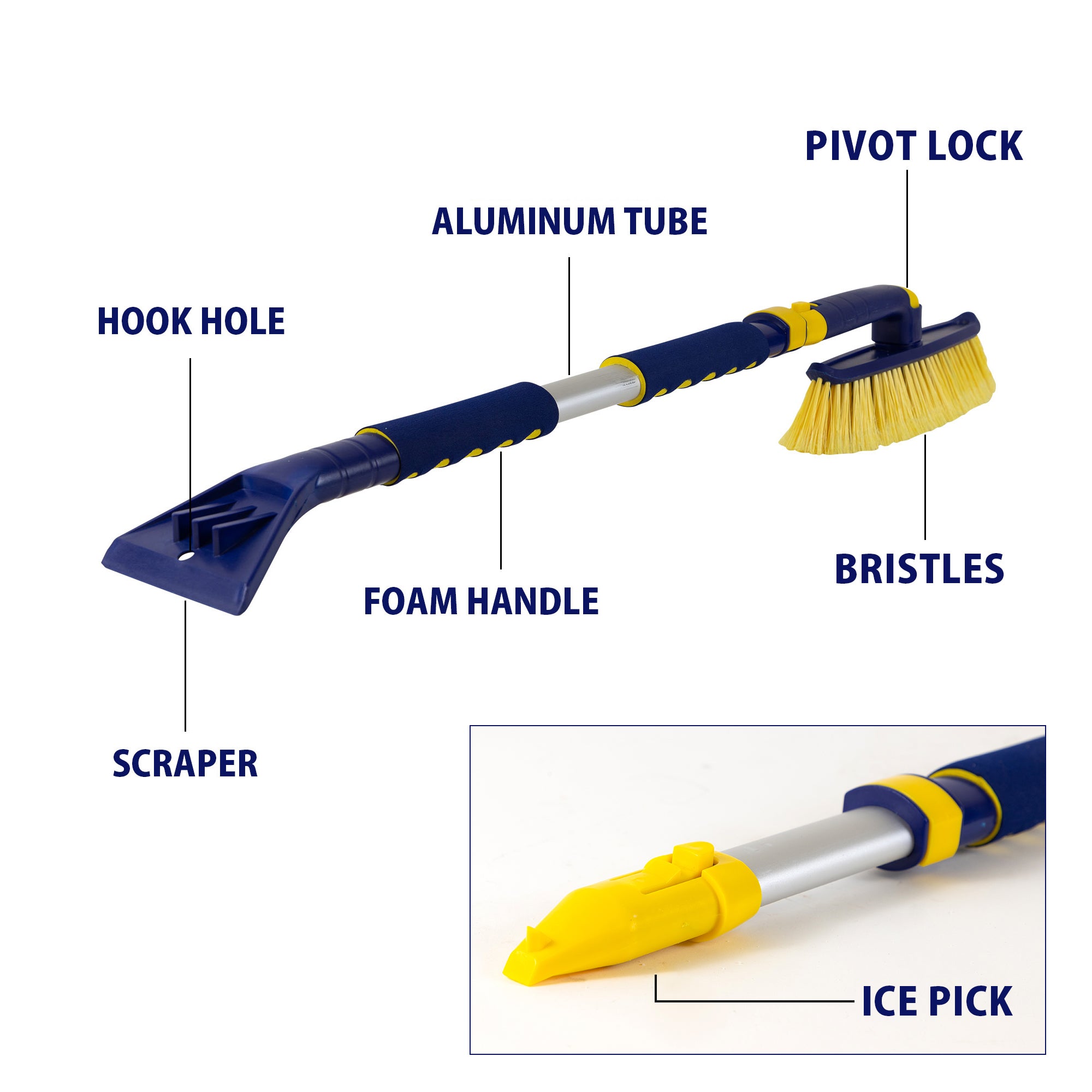 Product shot on white background of snow brush with parts labeled: Pivot lock; bristles; aluminum tube; foam handle; hook hole; scraper. Inset image below shows a closeup of the heavy-duty ice pick, labeled