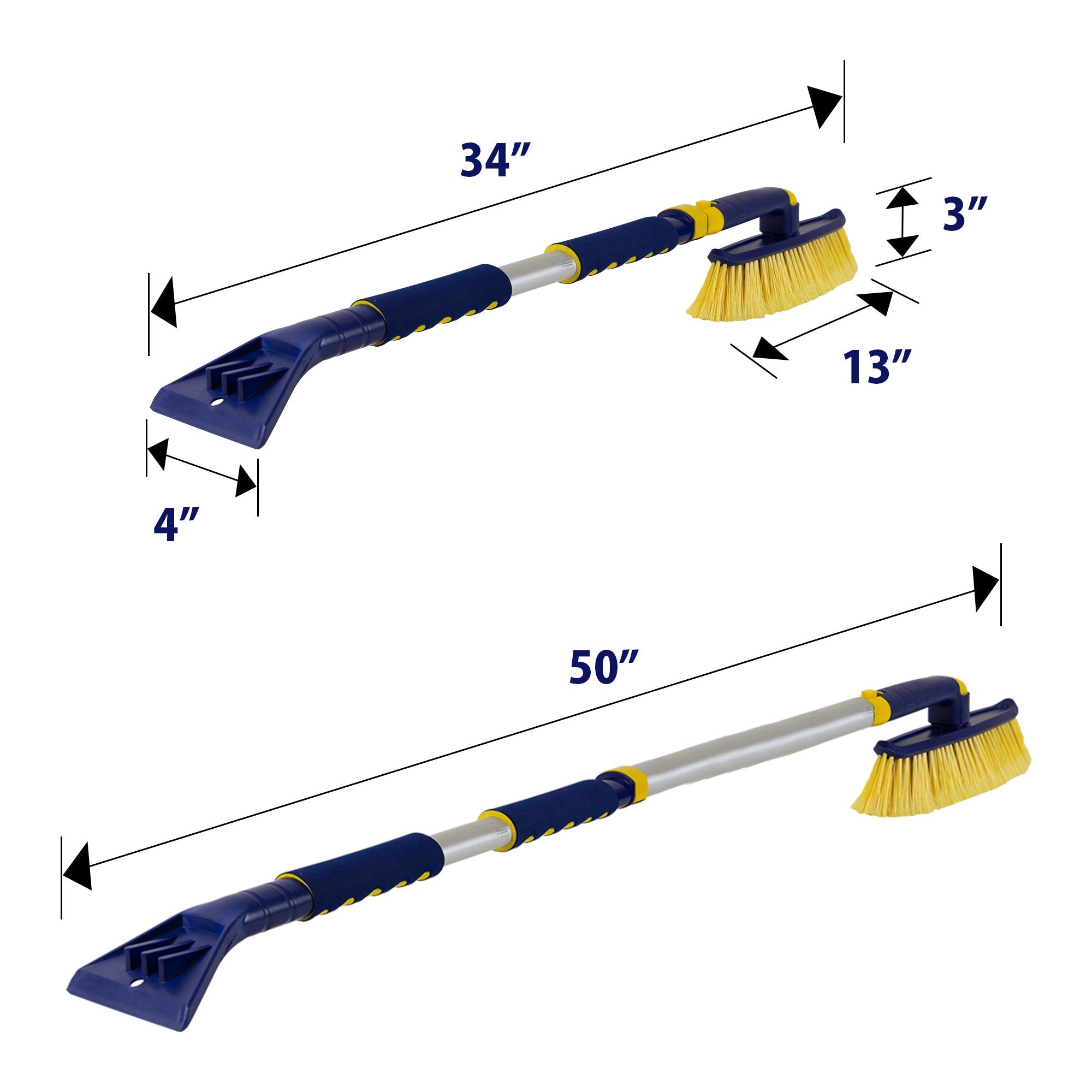 Two product shots on white background of snow brush, extended and not extended, with dimensions labeled