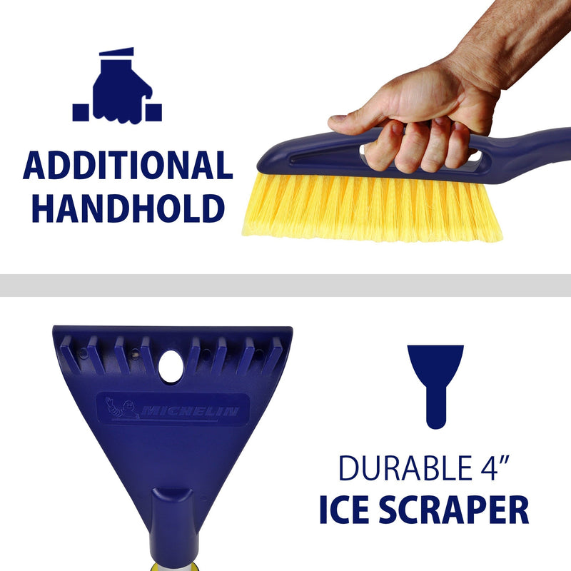 Top half has an icon and text reading "Additional handhold" to the left of a product shot on white background of a hand holding the brush head grip. Bottom half has a closeup product shot on white background of the ice scraper to the left of an icon and text reading "Durable 4" ice scraper"