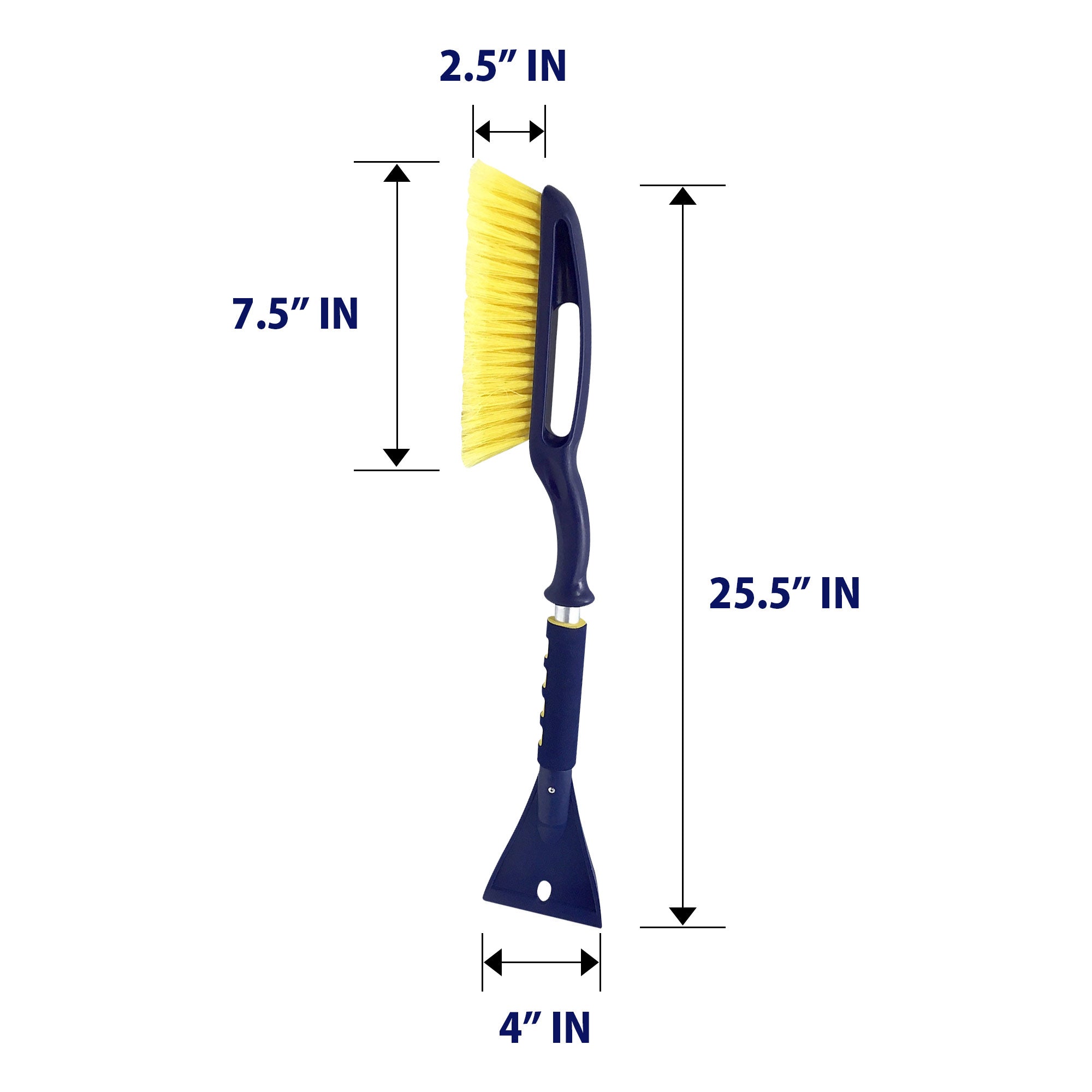 Product shot on white background of snow brush with dimensions labeled