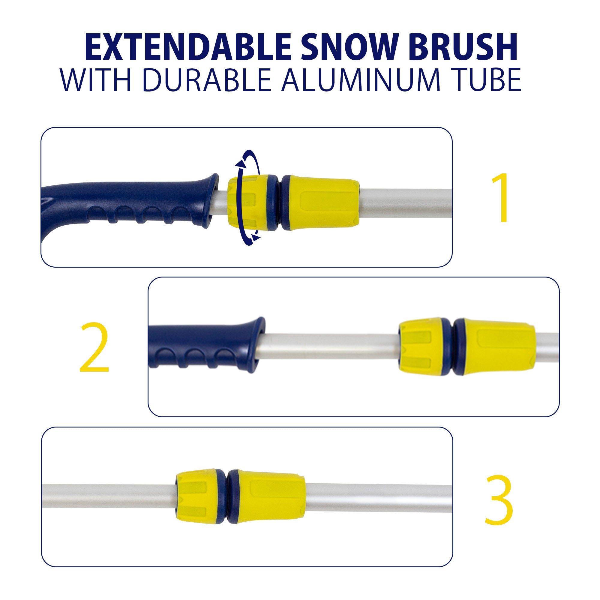 Three closeup product shots on white backgrounds show the steps for using the twist-lock system to extend the snow brush. Text above reads, "Extendable snow brush with simple durable aluminum tube"