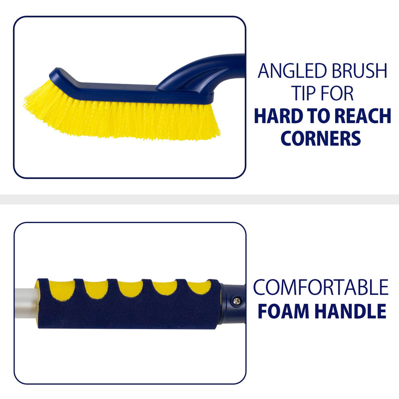 Top half shows a closeup product shot of the brush head on a white background with text to the right reading, "Angled brush tip for hard to reach corners." Bottom half shows a closeup product shot of the foam grip with text to the right reading, "Comfortable foam handle"