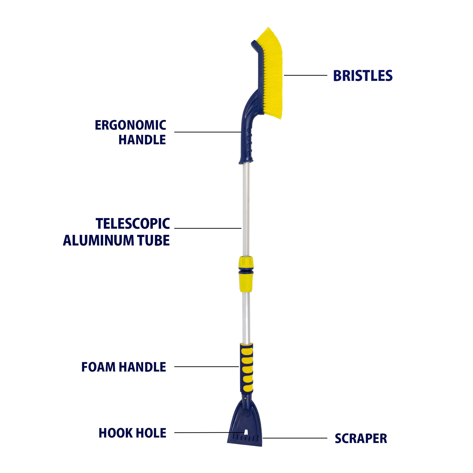 Product shot on white background of snow brush with parts labeled: Bristles; ergonomic handle; telescopic aluminum tube; foam handle; hook hole; scraper