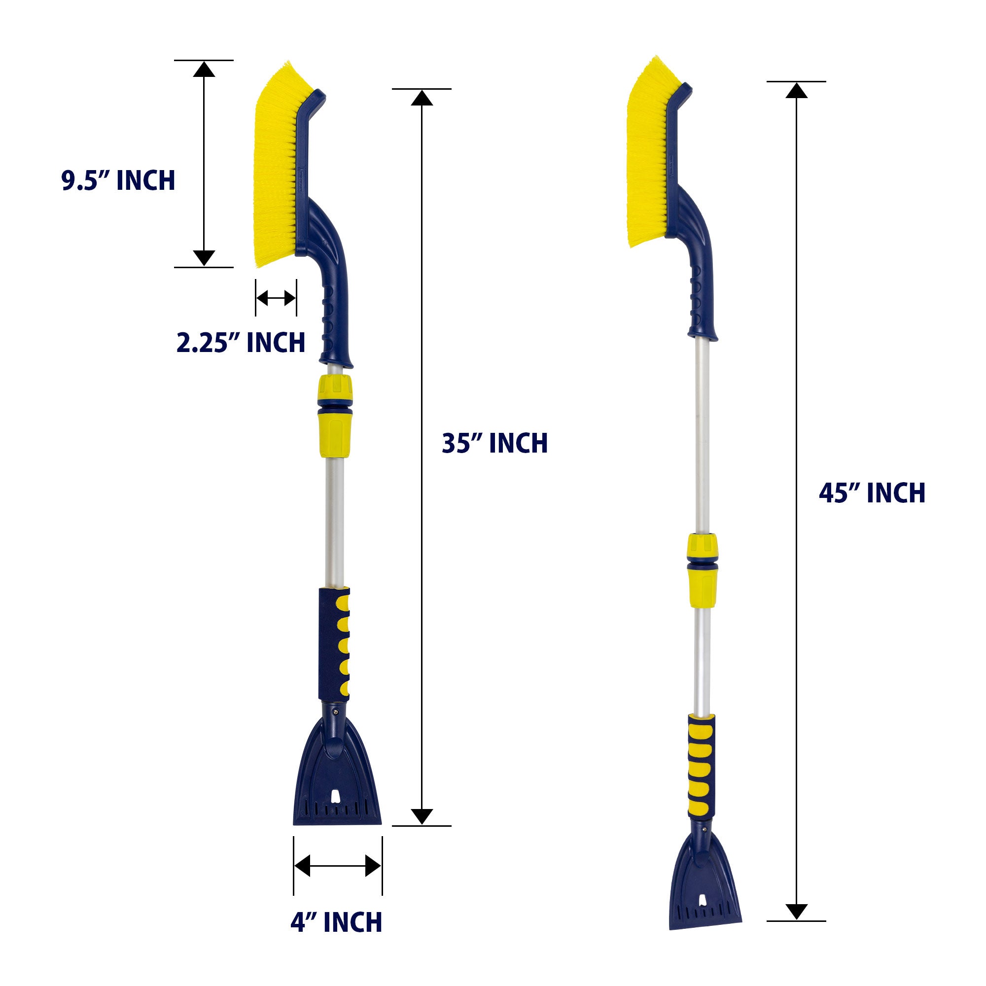 Two product shots on white background of snow brush, extended and not extended, with dimensions labeled