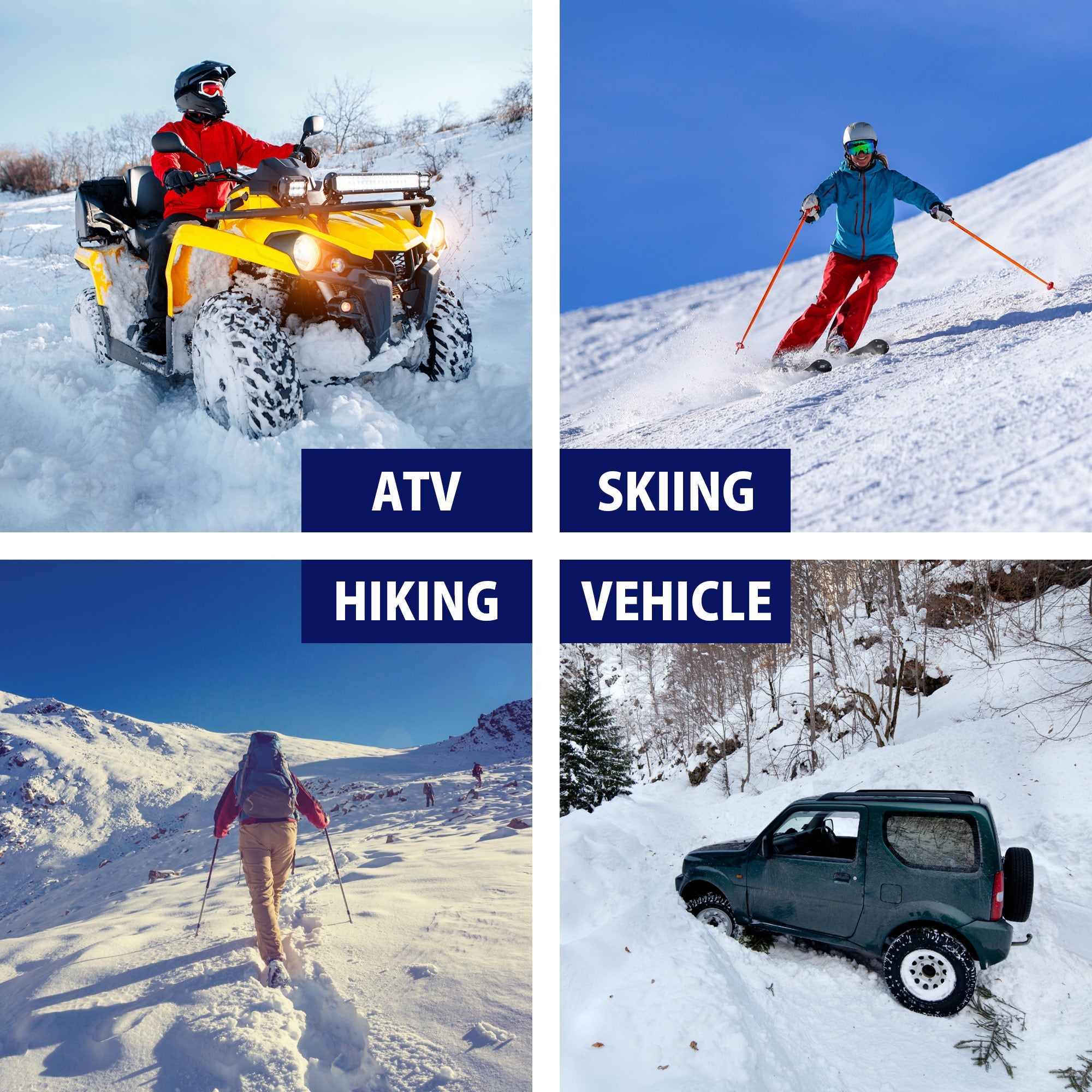 Four lifestyle images show settings where you could use the folding emergency shovel: First, labeled ATV, shows a person in an orange coat and black helmet on a yellow 4-wheeler in the snow; second, labeled Skiing, shows a downhill skier wearing orange snow pants, teal jacket, and gray helmet against a blue sky; third, labeled vehicle, shows a dark green SUV off-roading in deep snow; and fourth, labeled hiking, shows a person in tan snow pants, red coat, and gray backpack hiking in deep snow