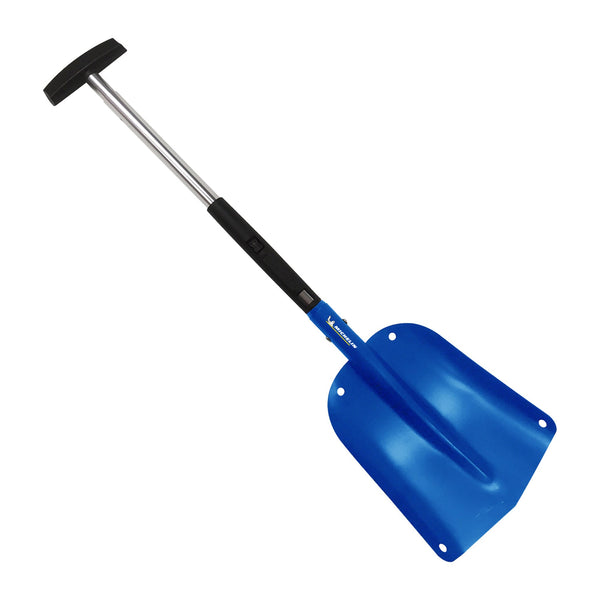 Product shot on white background of folding utility shovel, fully extended