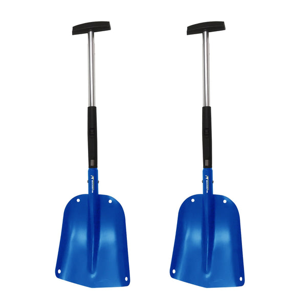 Product shot on white background of two folding utility shovels, fully extended