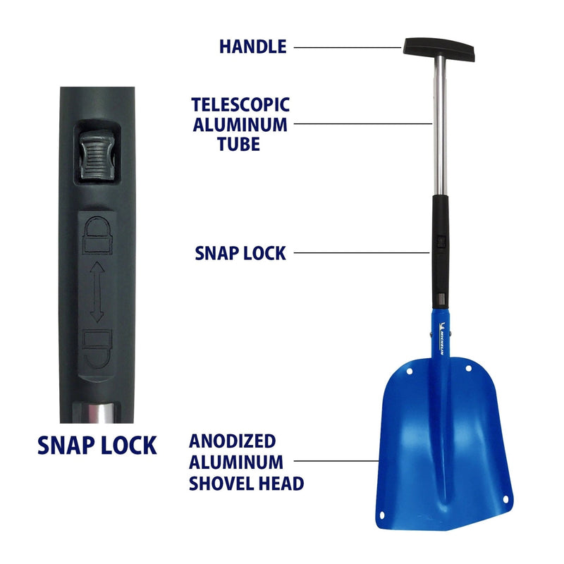Product shot on white background of folding snow shovel with parts labeled: Handle; telescopic aluminum tube; snap lock; anodized aluminum shovel head. A closeup image to the left shows the black ABS snap lock on the handle