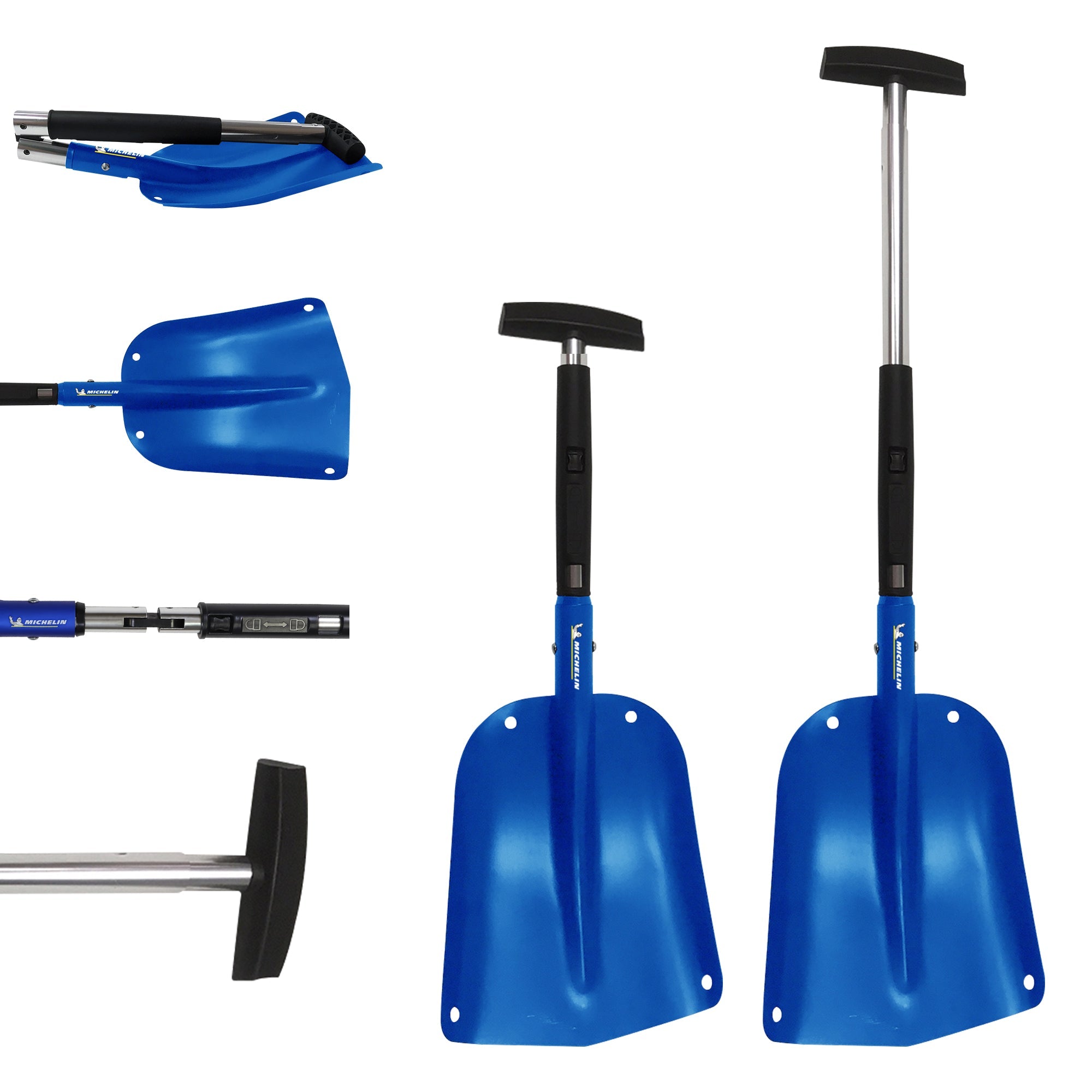 Two product shots of folding utility shovel on a white background, one with handle fully extended and one with handle not extended. Four inset closeups on the left show, from the top: the shovel folded for storage; the large shovel pan; the handle lock; and the non-slip hand hold