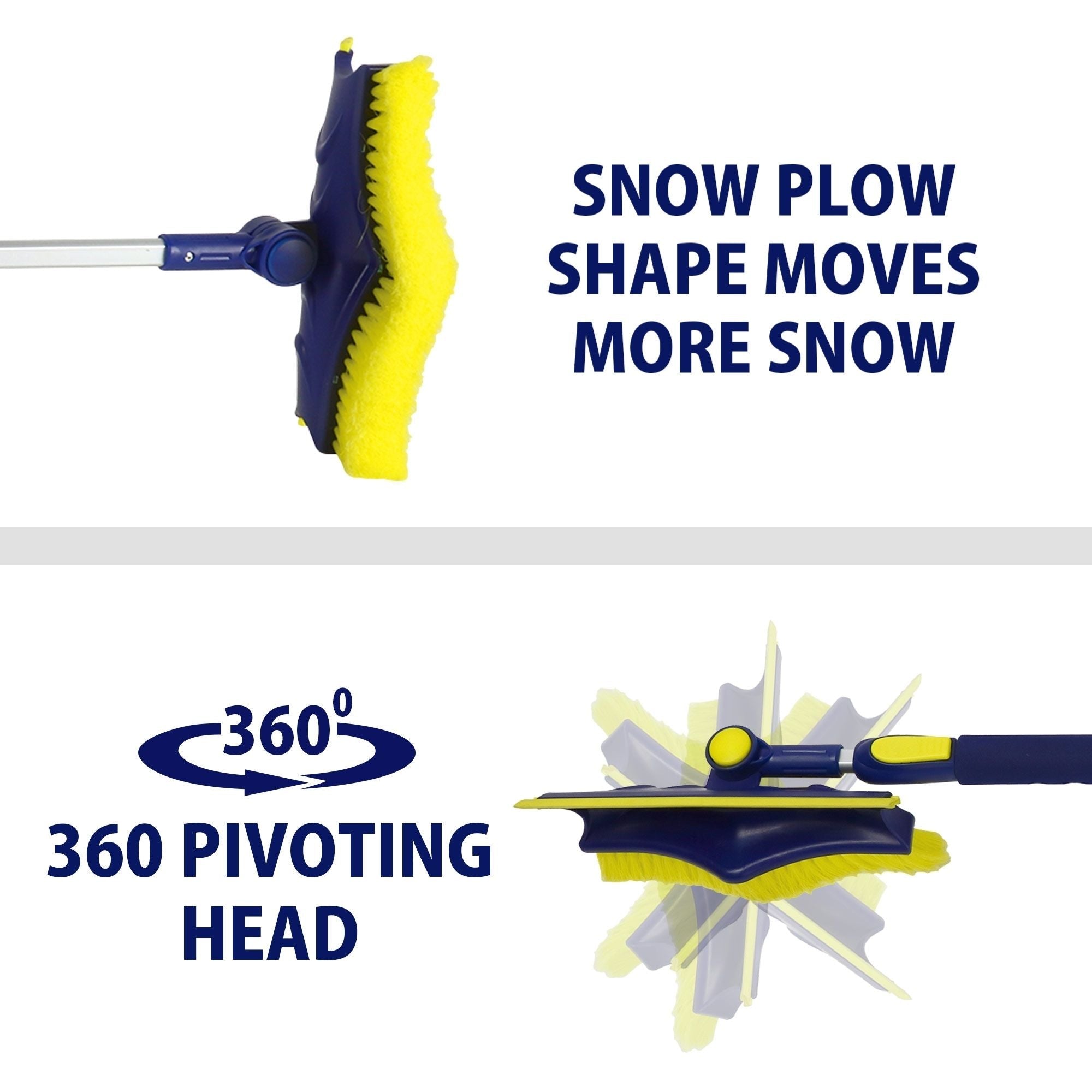 Top half shows a closeup product shot of the brush head from the bottom on a white background with text to the right reading, "Snow plow shape moves more snow." Bottom half shows an enhanced image of the brush head in 8 pre-set positions with text and icon to the left reading, "360 pivoting head"