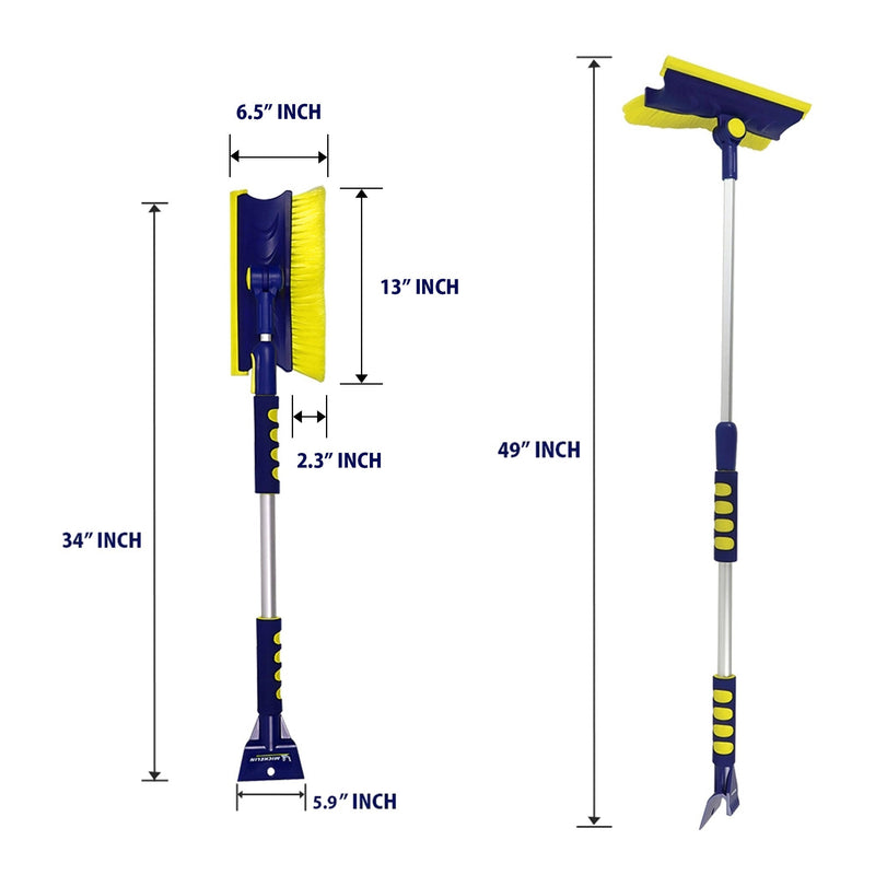 Two product shots on white background of snow brush, extended and not extended, with dimensions labeled