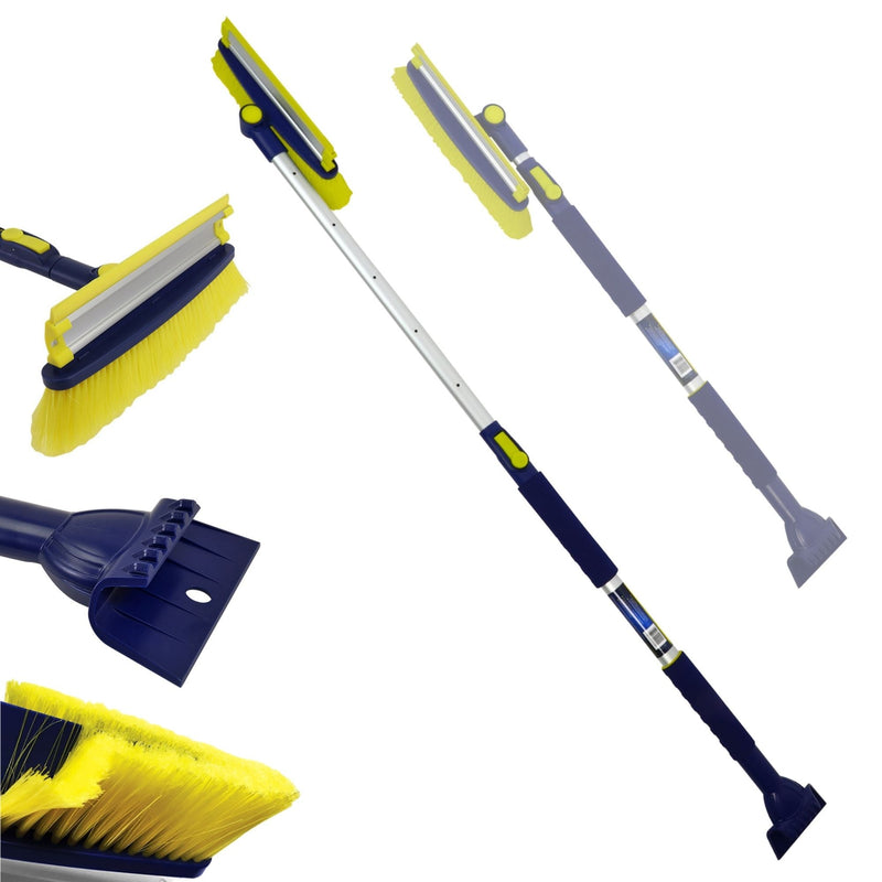 Two product shots of snow brush on white background: The first shows the brush fully extended and the second is partly transparent and shows the brush not extended. Three inset closeups on the left show the brush head with squeegee, ice scraper, and brush head with support blade exposed