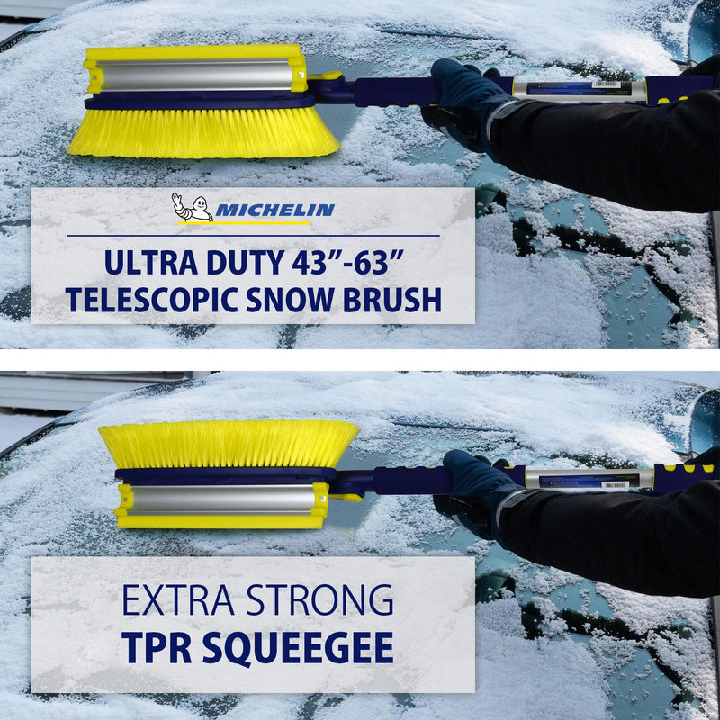 Top half shows a lifestyle image of a gloved hand using the snow brush to remove snow from the windshield of a dark coloured car. Transparent white overlay shows the Michelin logo above text reading, "Ultra duty 43"-63" telescopic snow brush." Bottom half shows a lifestyle image of a gloved hand using the squeegee to clean the windshield of a dark coloured car. Transparent white overlay contains text reading, "Extra strong TPR squeegee"