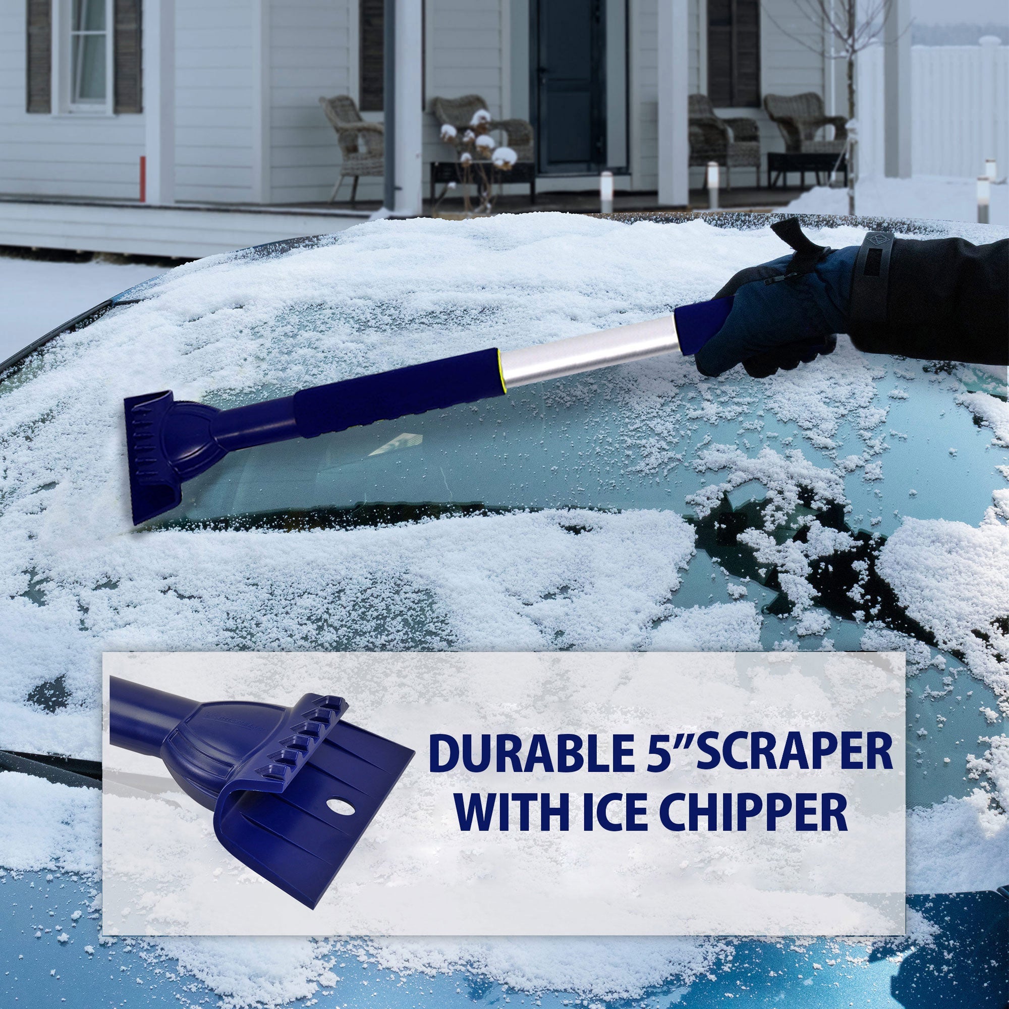 Lifestyle image of a gloved hand using the ice scraper to remove ice from the windshield of a dark coloured car. Transparent white overlay contains a closeup of the ice scraper/ice chipper to the left of text reading, "Durable 5" scraper with ice chipper" 