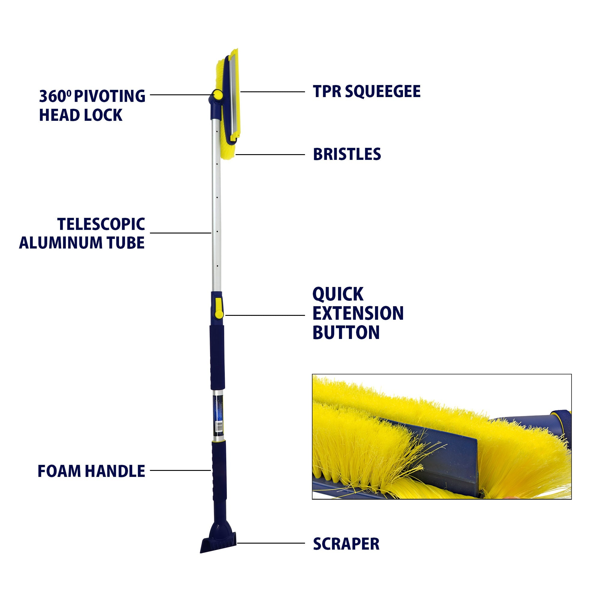 Product shot on white background of snow brush with parts labeled: 360 pivoting head lock; TPR squeegee; bristles; telescopic aluminum tube; quick extension button; foam handle; scraper. Inset image below shows a closeup of the brush head with bristles bent away to reveal the integrated support blade