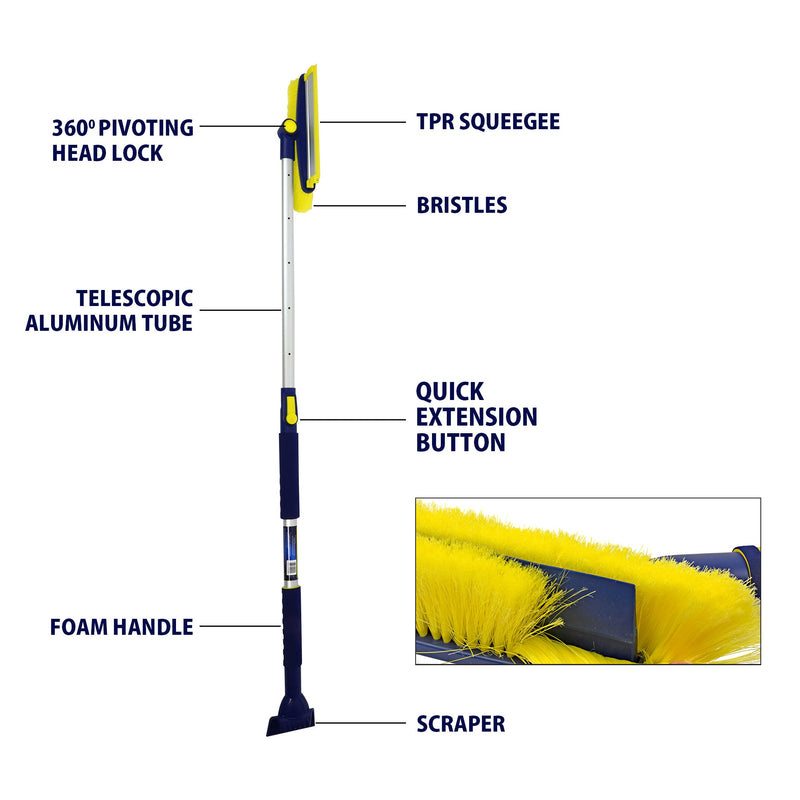 Product shot on white background of snow brush with parts labeled: 360 pivoting head lock; TPR squeegee; bristles; telescopic aluminum tube; quick extension button; foam handle; scraper. Inset image below shows a closeup of the brush head with bristles bent away to reveal the integrated support blade