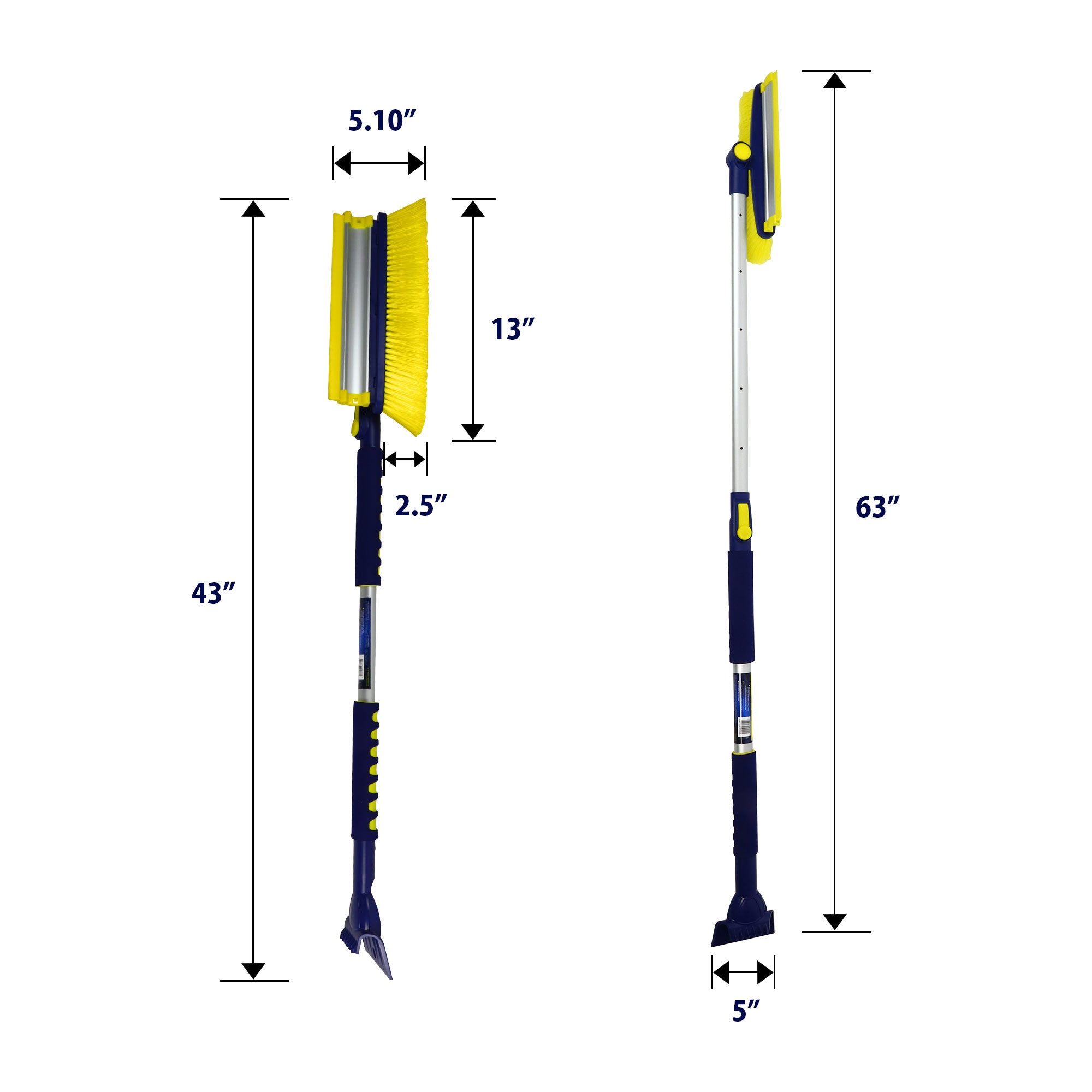 Two product shots on white background of snow brush, extended and not extended, with dimensions labeled