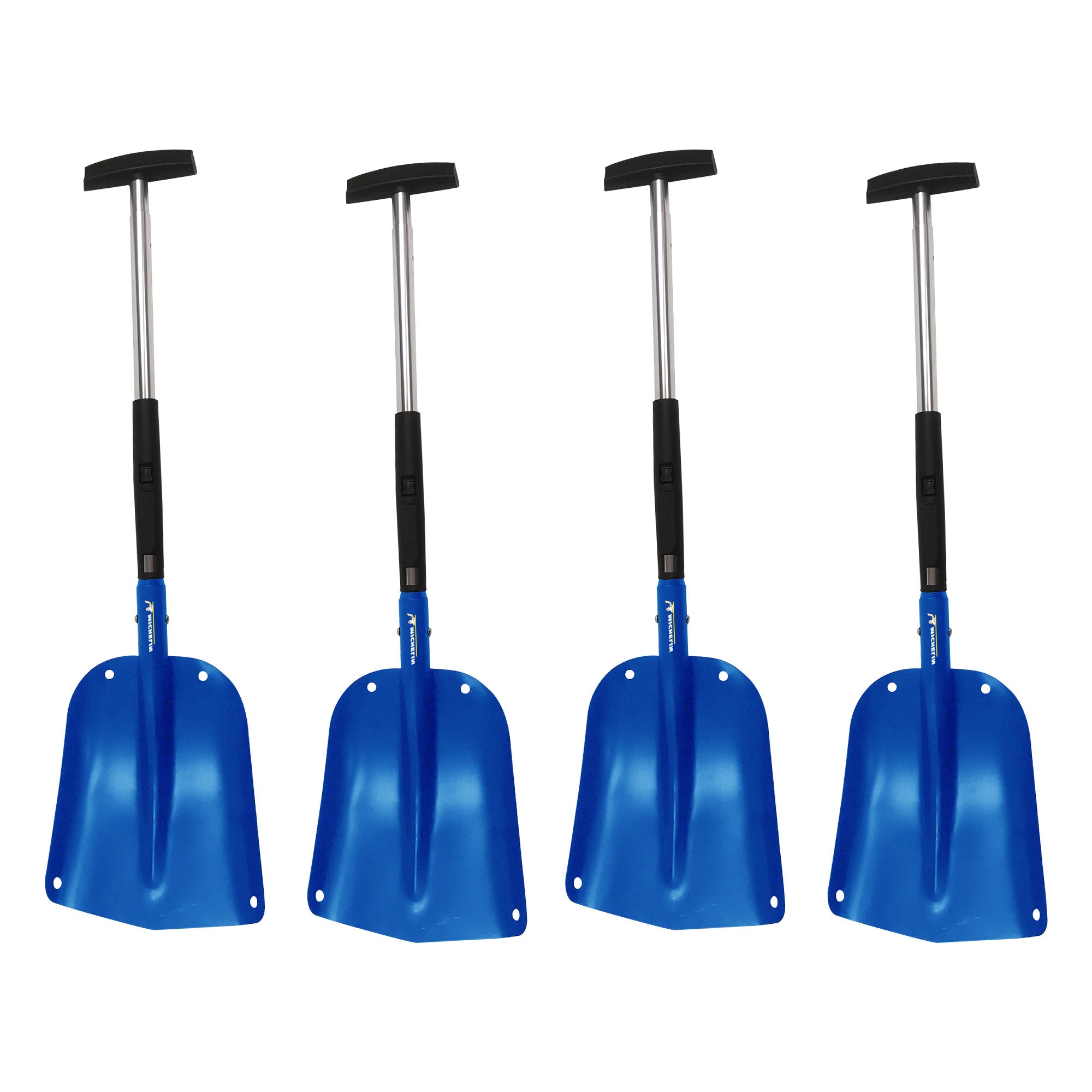 Product shot on white background of four folding utility shovels, fully extended