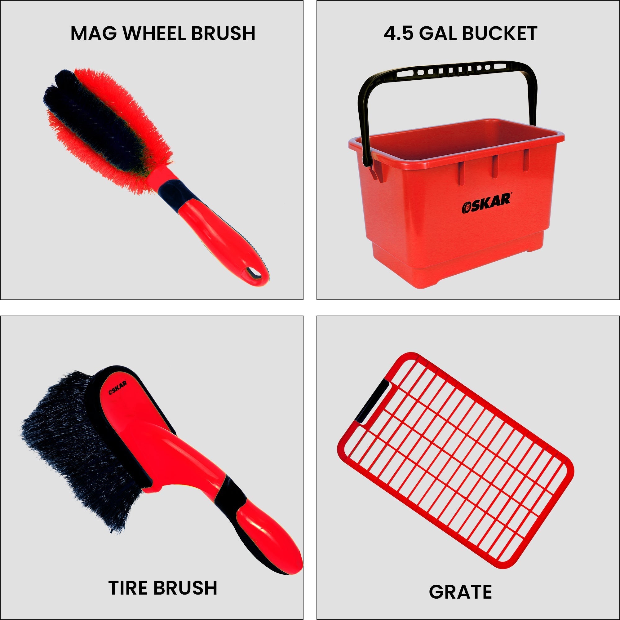 Grid of four product shots of components of ultimate car wash kit on light gray backgrounds, labeled: Mag wheel brush; 4.5 gal bucket; grate; tire brush